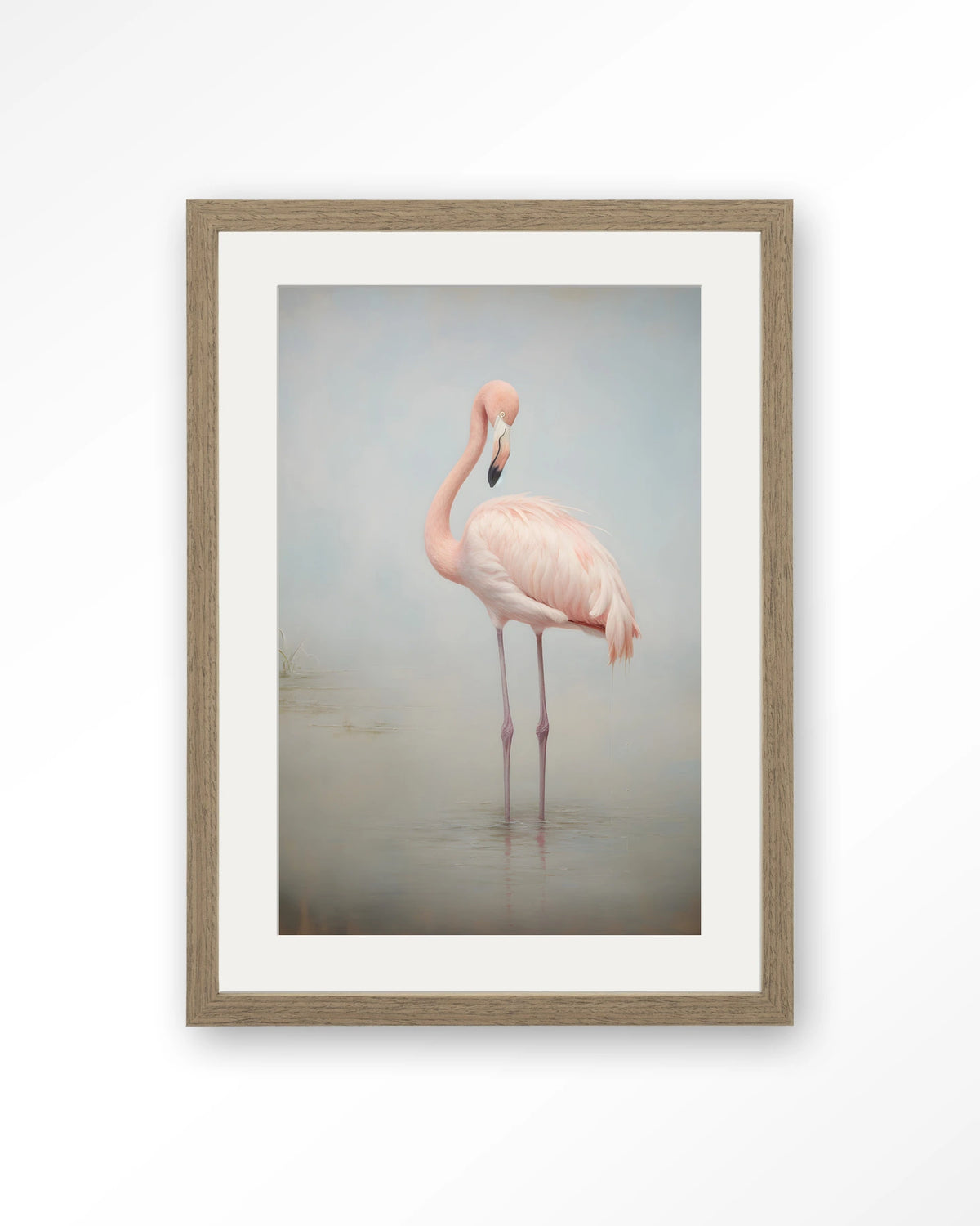 Flamingo Vintage – flamingo in mist – Art print – Hout bruin + passe-partout