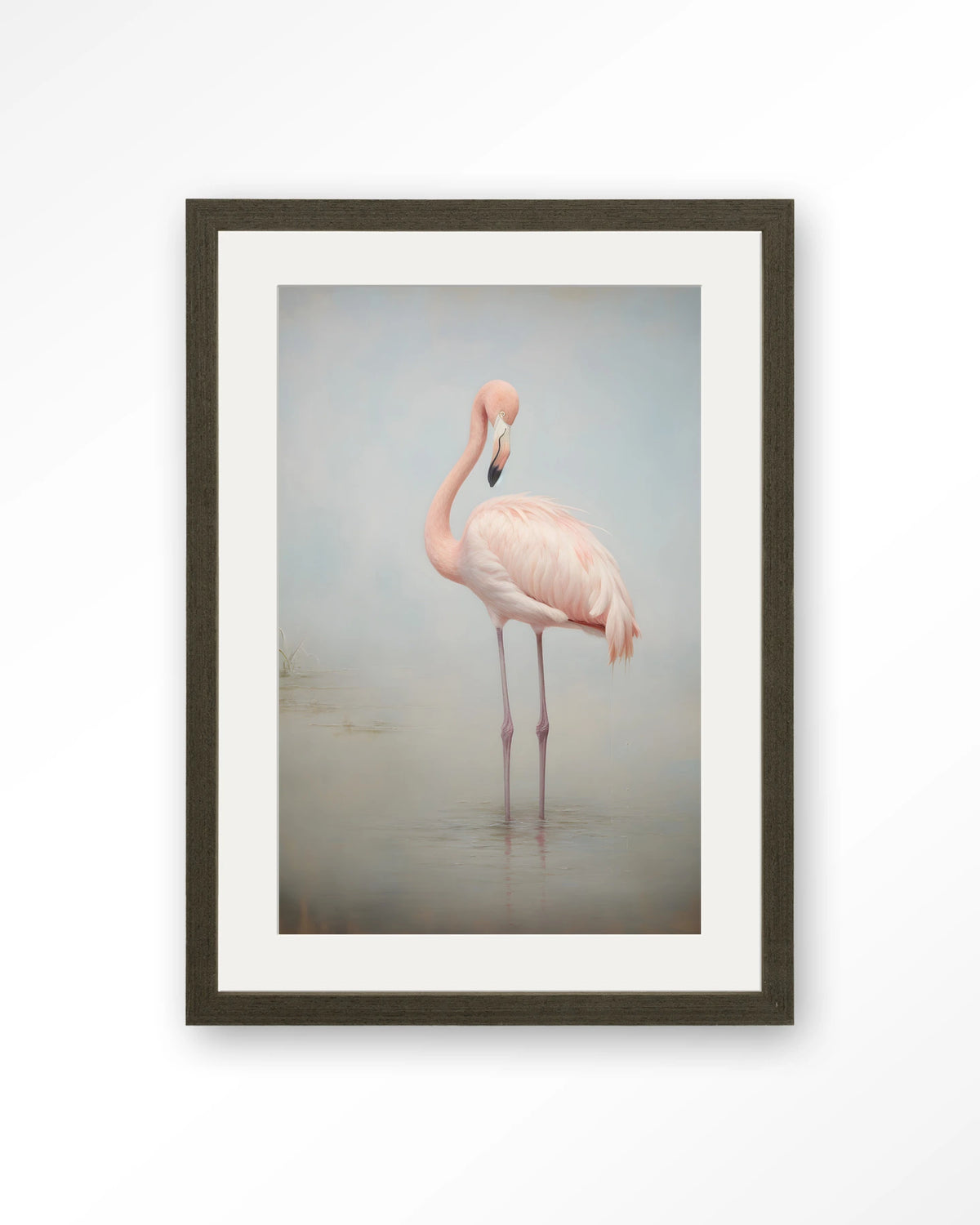 Flamingo Vintage – flamingo in mist – Art print – Hout donkerbruin + passe-partout