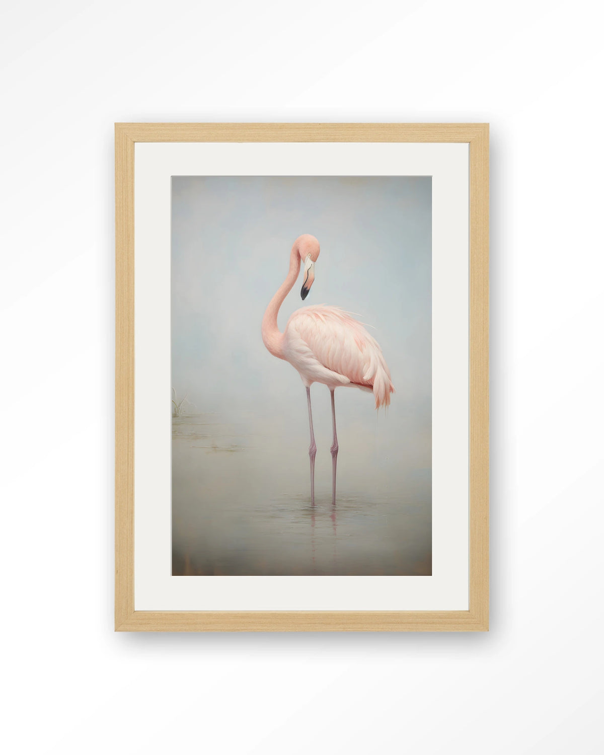 Flamingo Vintage – flamingo in mist – Art print – Hout naturel + passe-partout