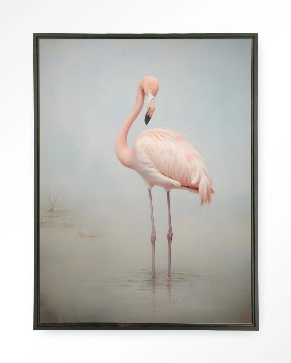 Flamingo Vintage – flamingo in mist – Wandkleed – Floating frame – zwart