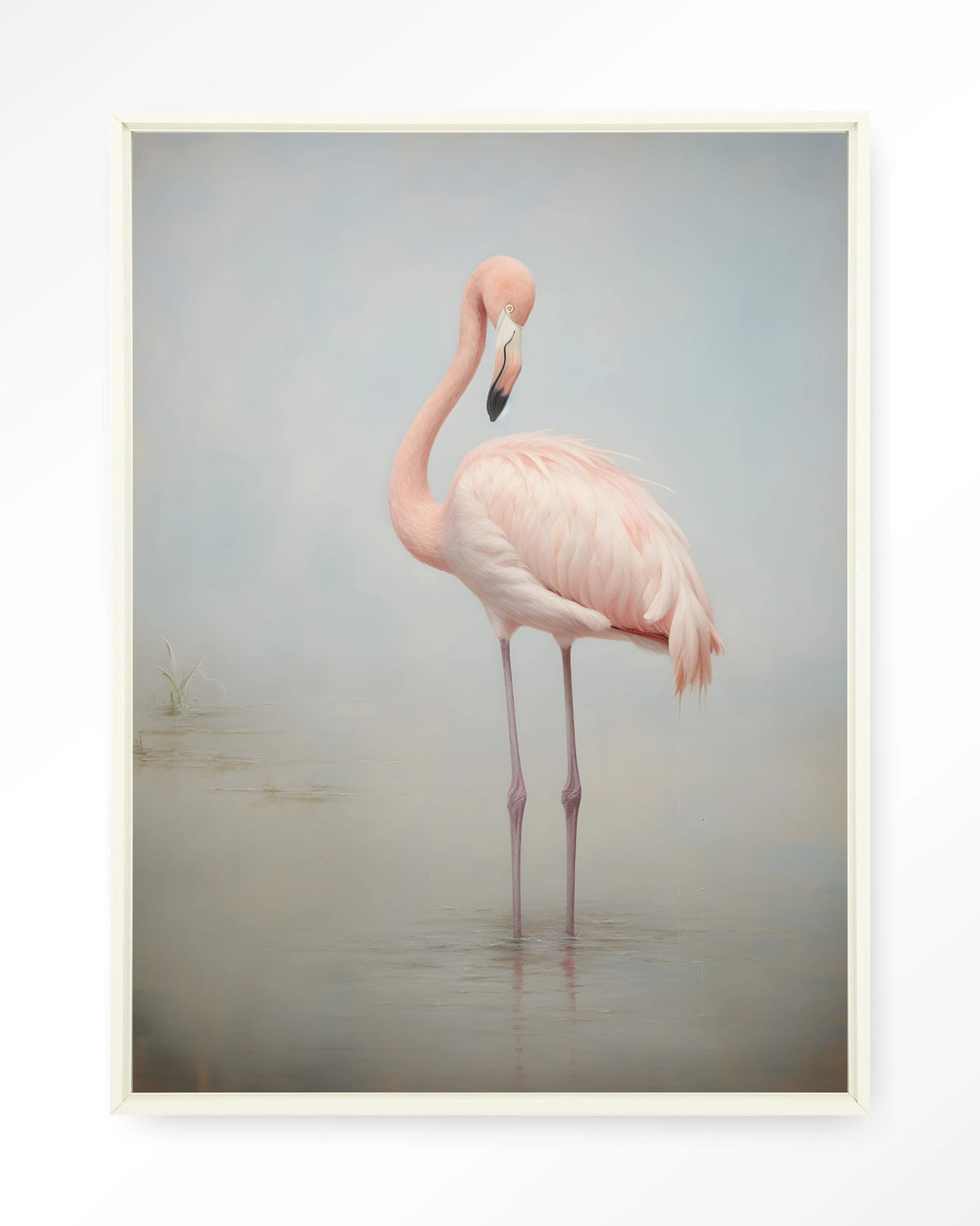 Flamingo Vintage – flamingo in mist – Wandkleed – Floating frame – wit
