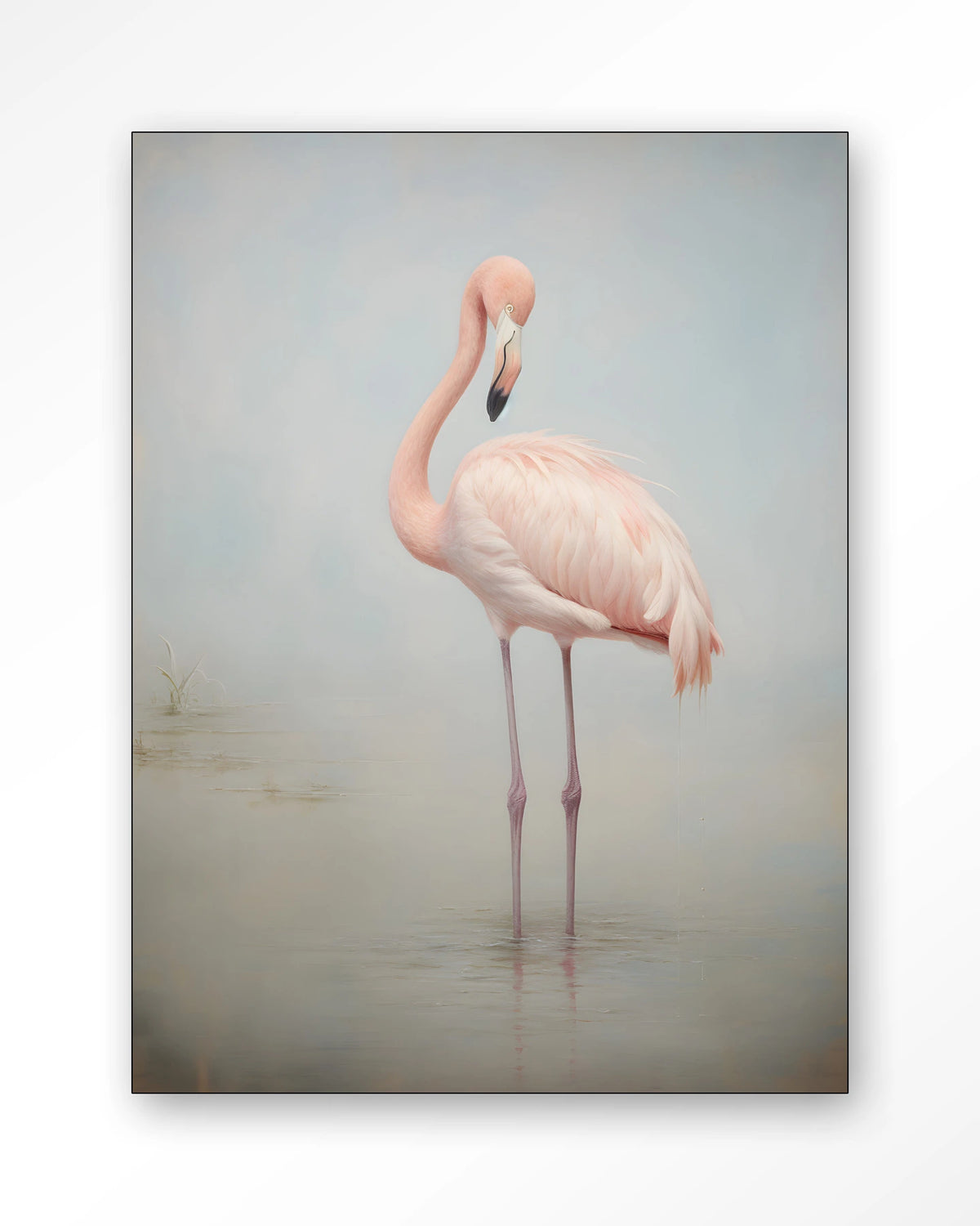 Flamingo Vintage – flamingo in mist – Wandkleed – Frame – zwart