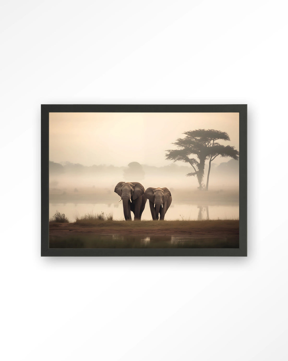 Elephant Mother – olifanten in mistig landschap – Art print – Hout zwart