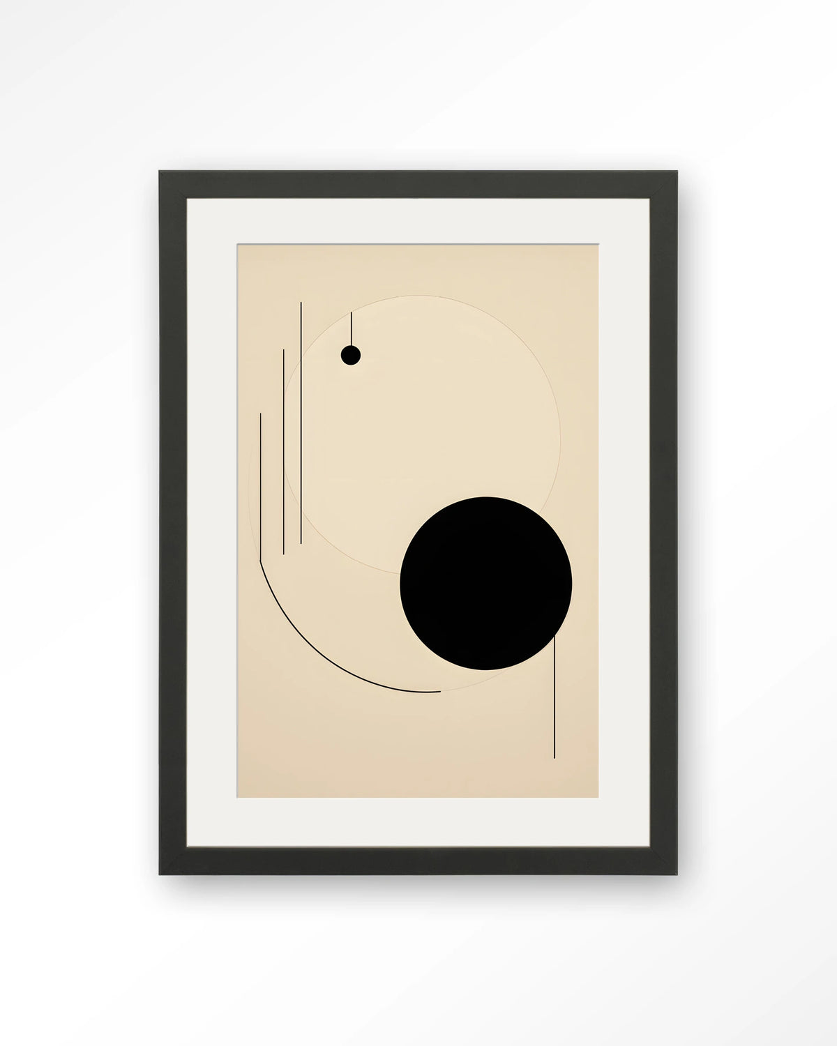 Kyoto – abstracte lijnen en zwarte cirkel – Art print – Hout zwart + passe-partout