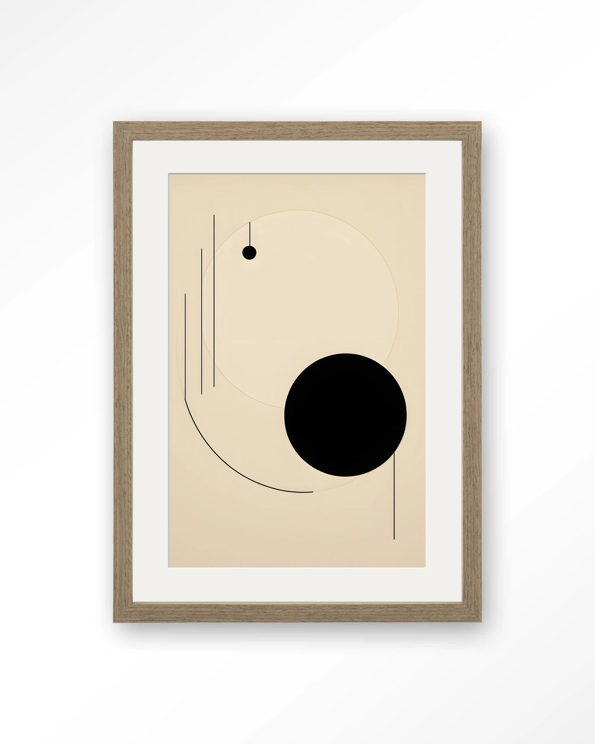 Kyoto – abstracte lijnen en zwarte cirkel – Art print – Hout bruin + passe-partout