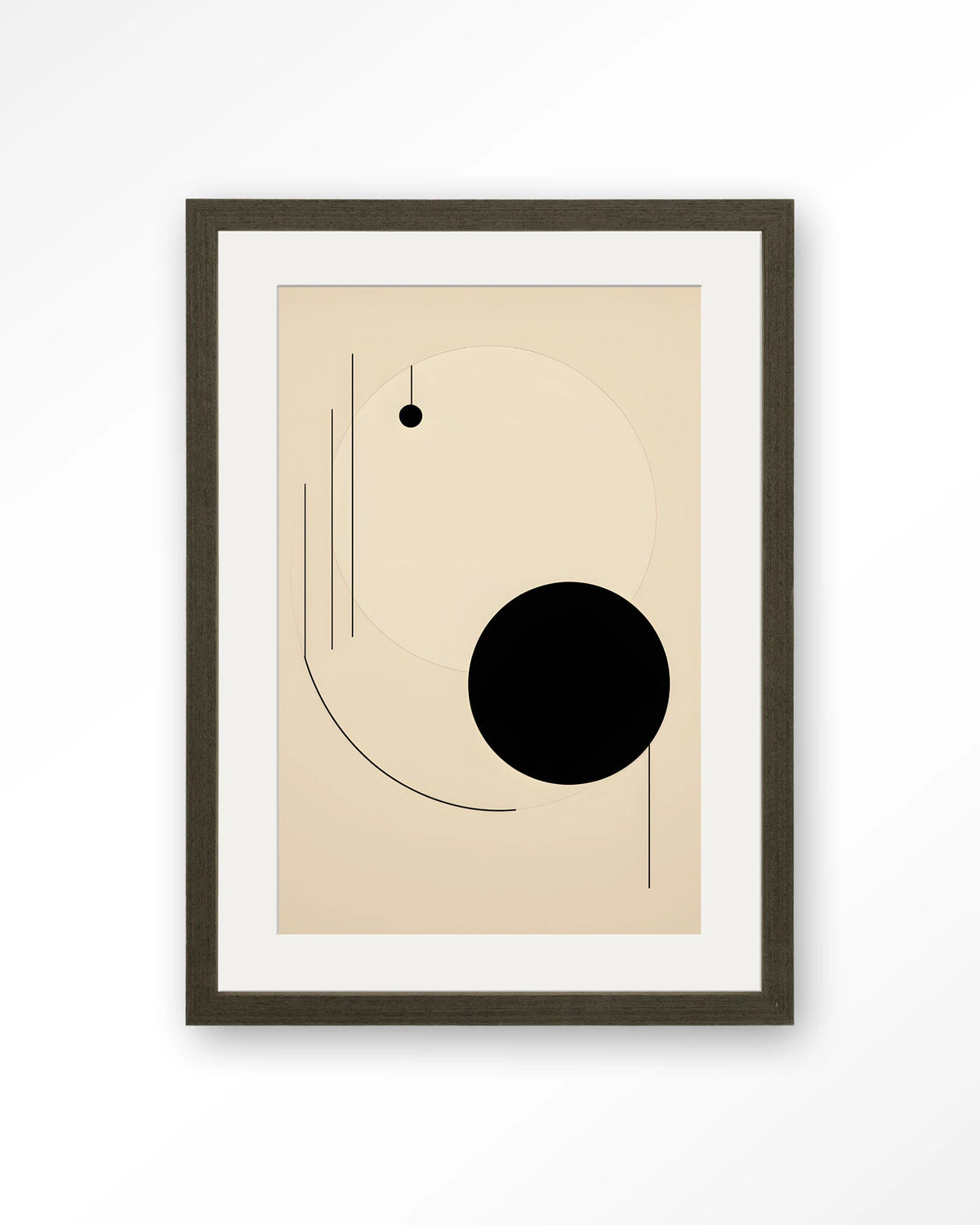 Kyoto – abstracte lijnen en zwarte cirkel – Art print – Hout donkerbruin + passe-partout