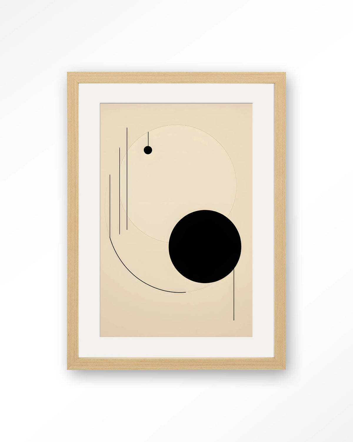 Kyoto – abstracte lijnen en zwarte cirkel – Art print – Hout naturel + passe-partout