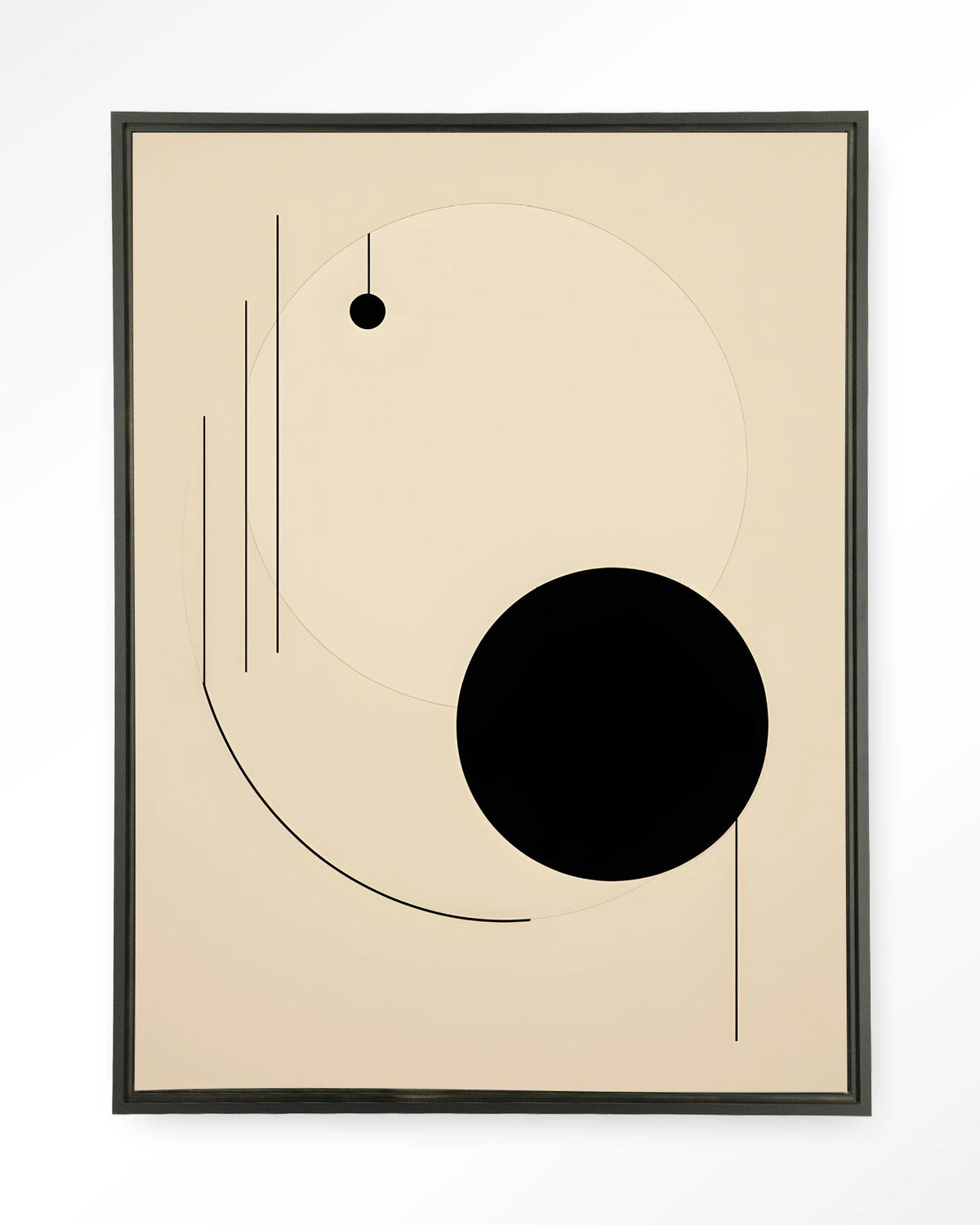 Kyoto – abstracte lijnen en zwarte cirkel – Wandkleed – Floating frame – zwart