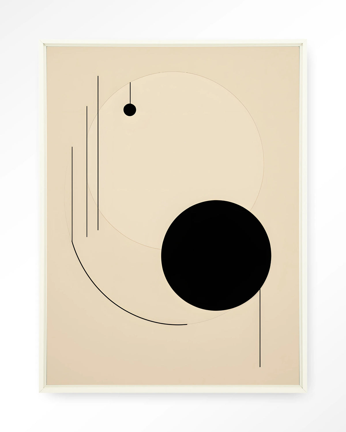 Kyoto – abstracte lijnen en zwarte cirkel – Wandkleed – Floating frame – wit
