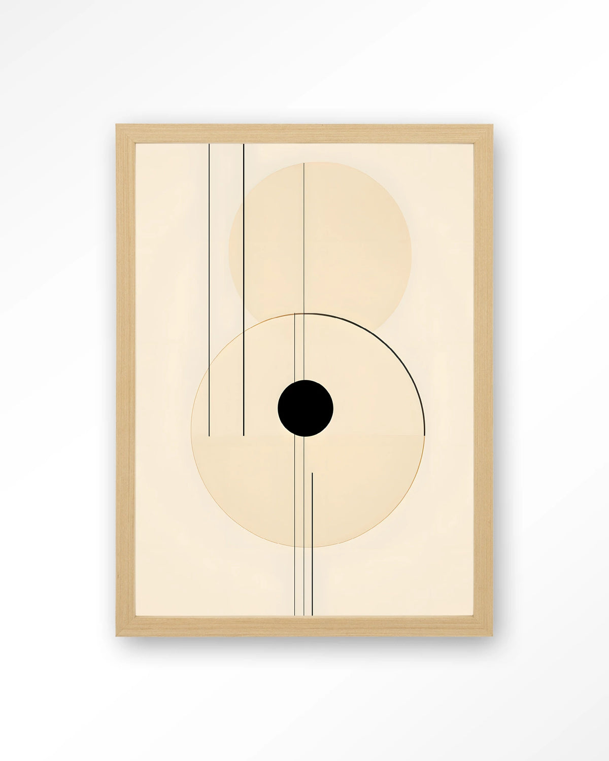 Osaka – abstracte lijnen met zwarte cirkel – Art print – Hout naturel
