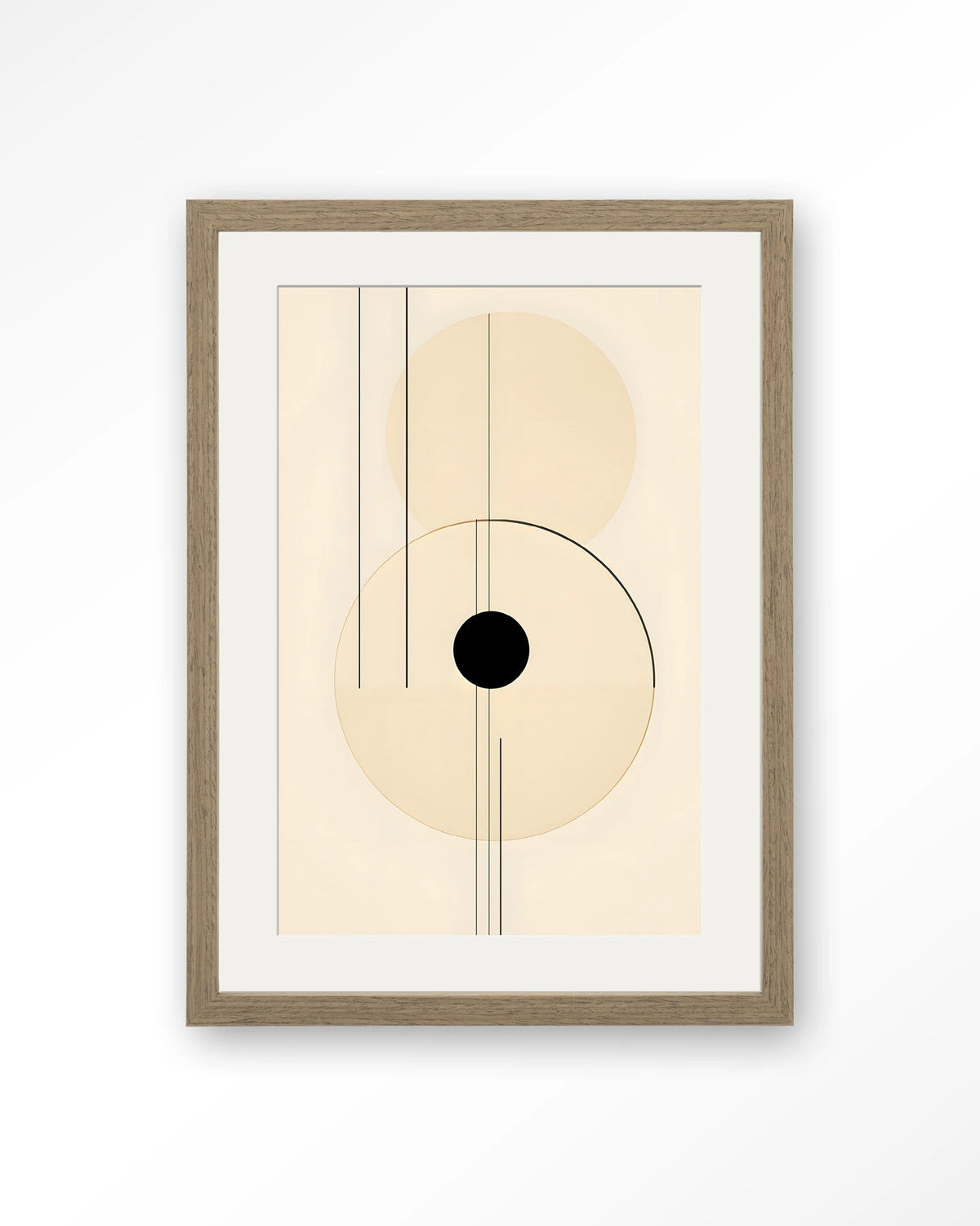 Osaka – abstracte lijnen met zwarte cirkel – Art print – Hout bruin + passe-partout