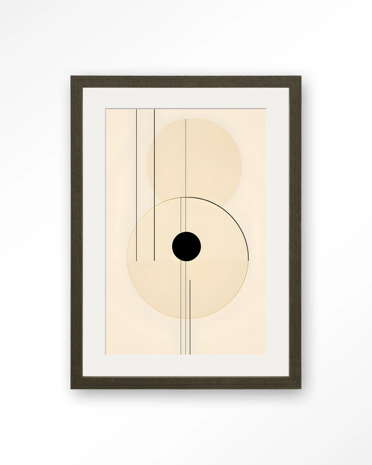 Osaka – abstracte lijnen met zwarte cirkel – Art print – Hout donkerbruin + passe-partout