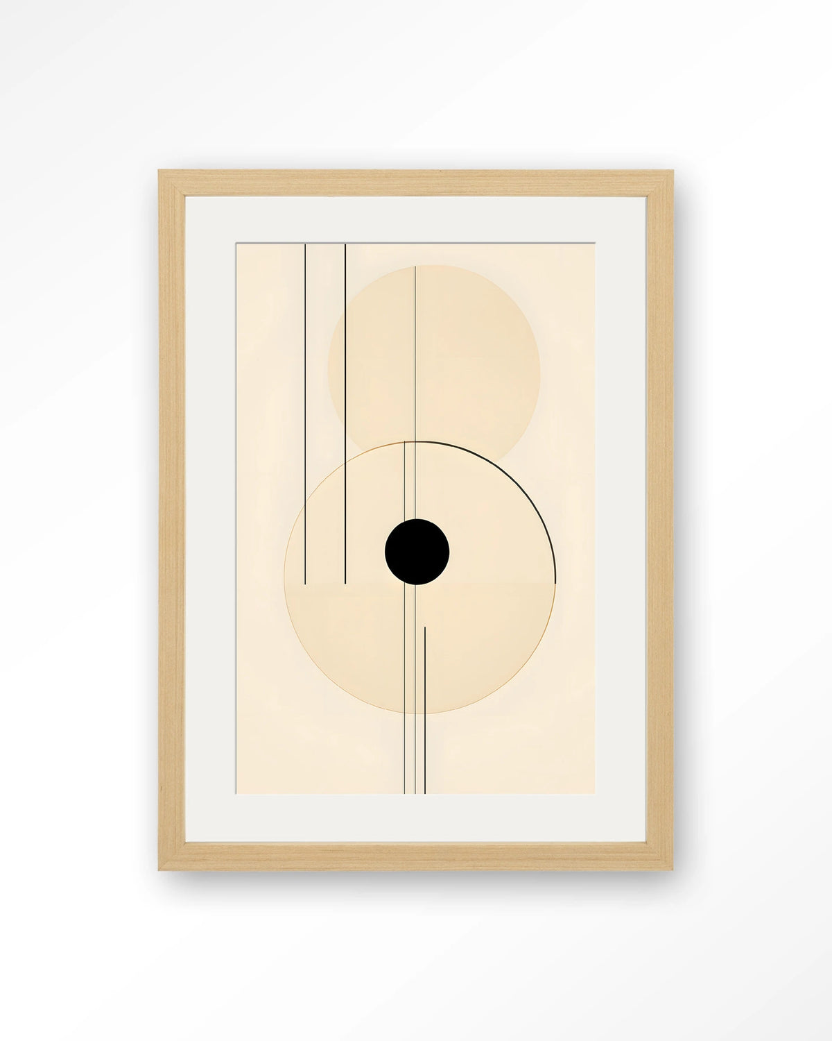 Osaka – abstracte lijnen met zwarte cirkel – Art print – Hout naturel + passe-partout