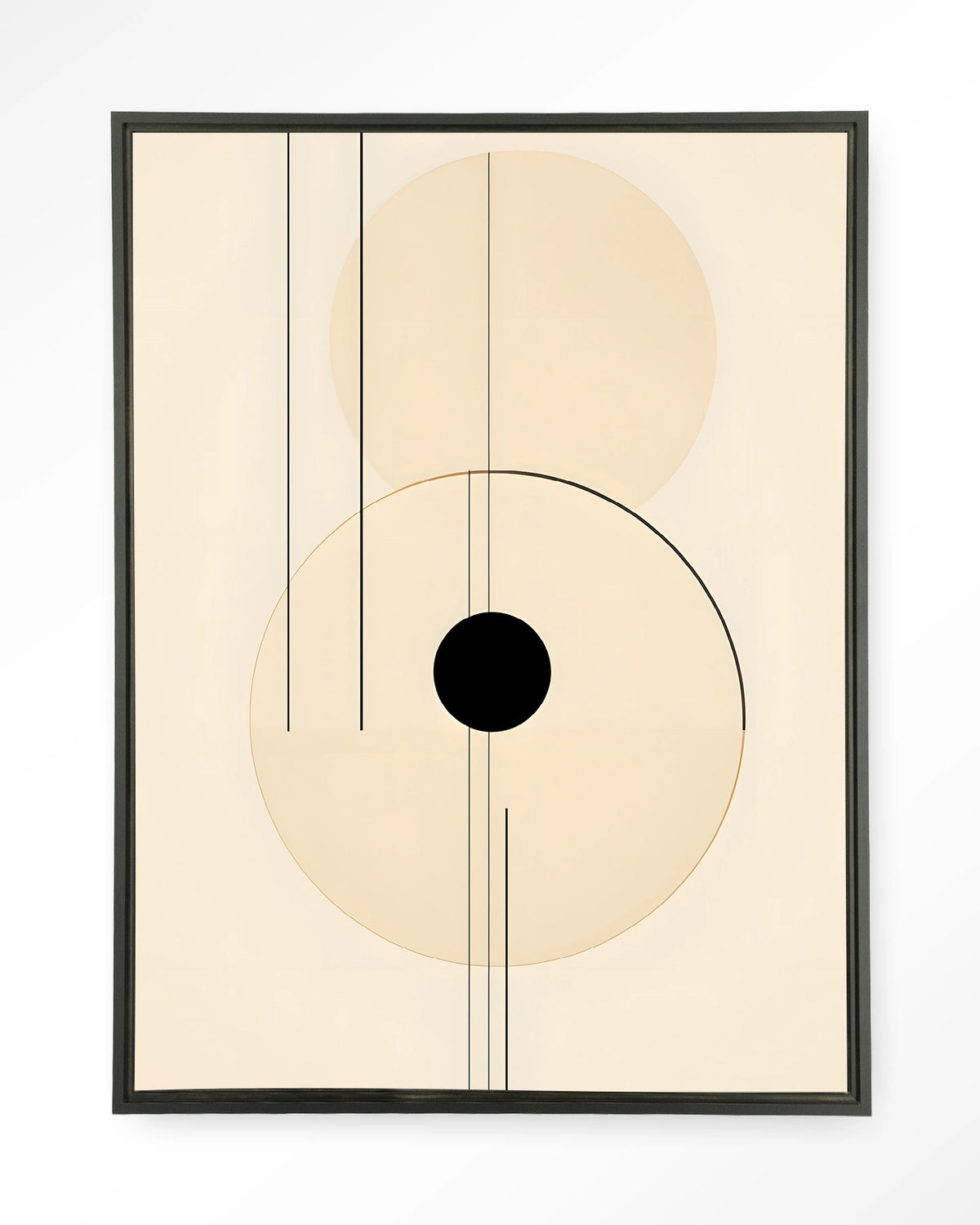 Osaka – abstracte lijnen met zwarte cirkel – Wandkleed – Floating frame – zwart