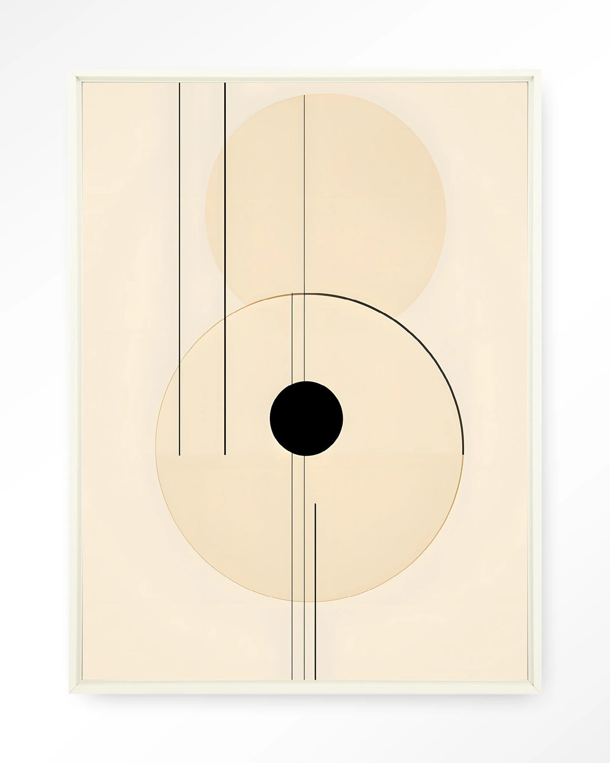 Osaka – abstracte lijnen met zwarte cirkel – Wandkleed – Floating frame – wit