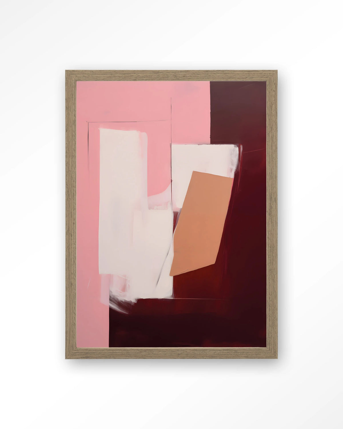 Red Fields – abstract in roze en bordeaux – Art print – Hout bruin