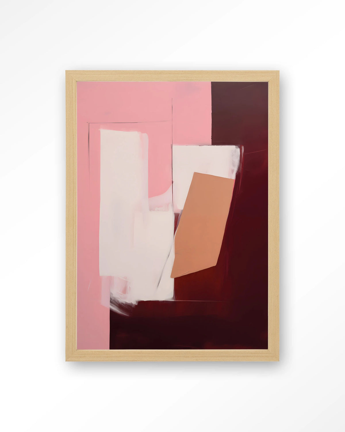 Red Fields – abstract in roze en bordeaux – Art print – Hout naturel