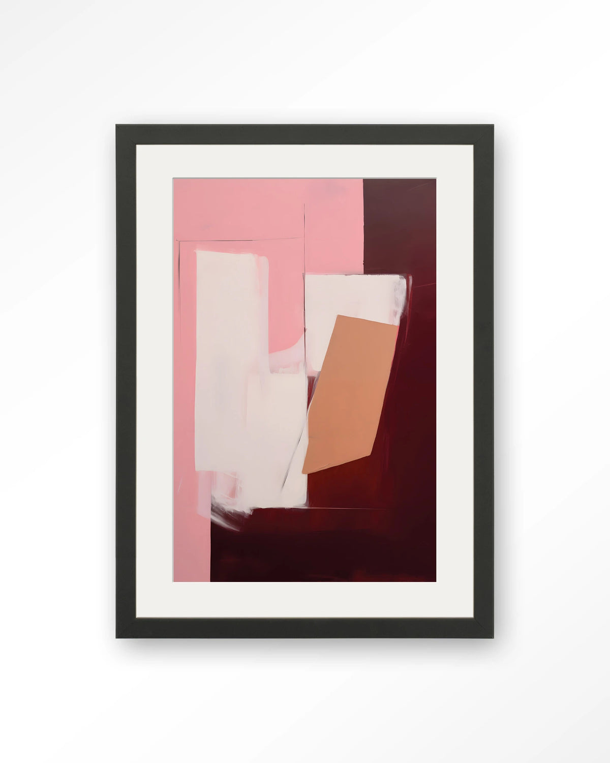 Red Fields – abstract in roze en bordeaux – Art print – Hout zwart + passe-partout