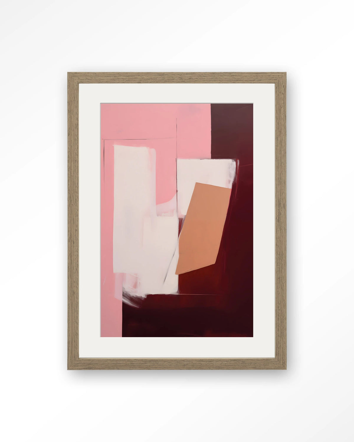Red Fields – abstract in roze en bordeaux – Art print – Hout bruin + passe-partout