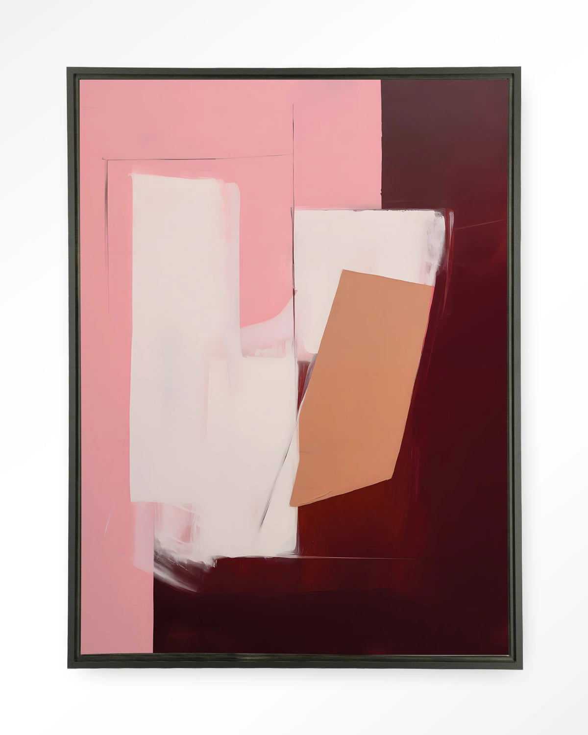Red Fields – abstract in roze en bordeaux – Wandkleed – Floating frame – zwart