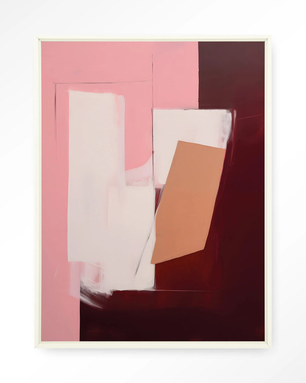 Red Fields – abstract in roze en bordeaux – Wandkleed – Floating frame – wit