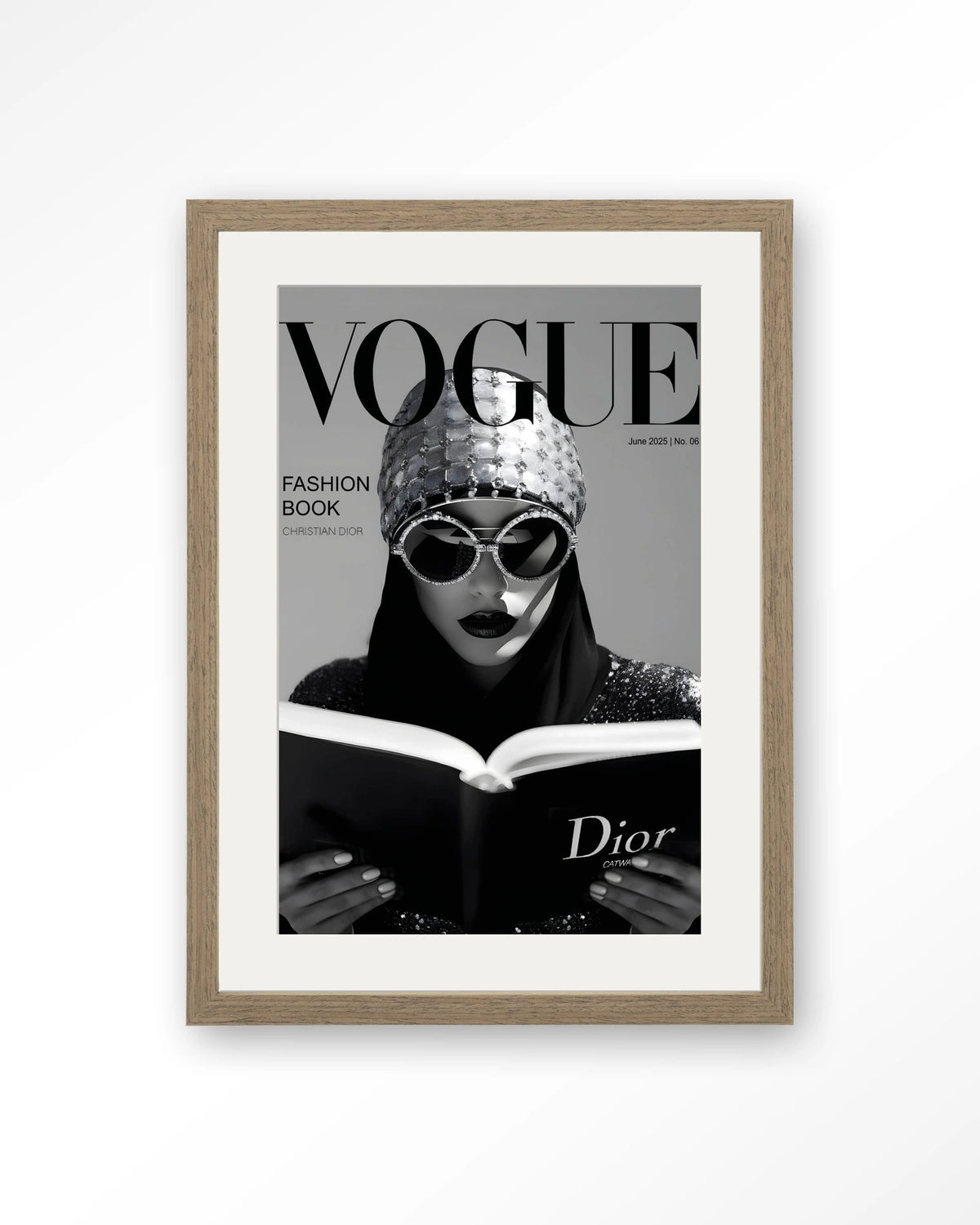 Fashion Book White – modemagazine in zwart-wit – Art print – Hout bruin + passe-partout