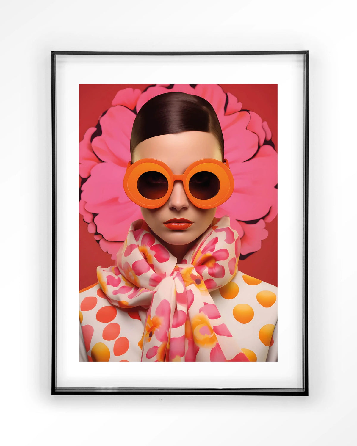 Pink Flower – vrouw met roze bloem en zonnebril – Art print – Acryl zwart