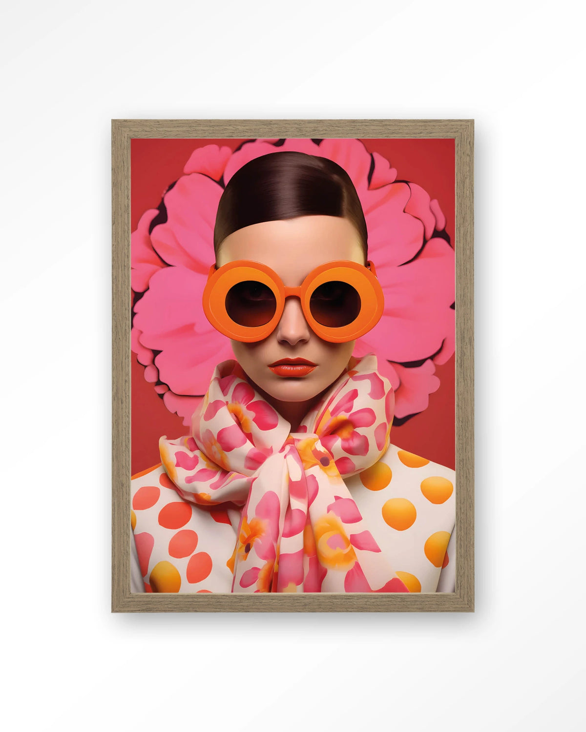 Pink Flower – vrouw met roze bloem en zonnebril – Art print – Hout bruin