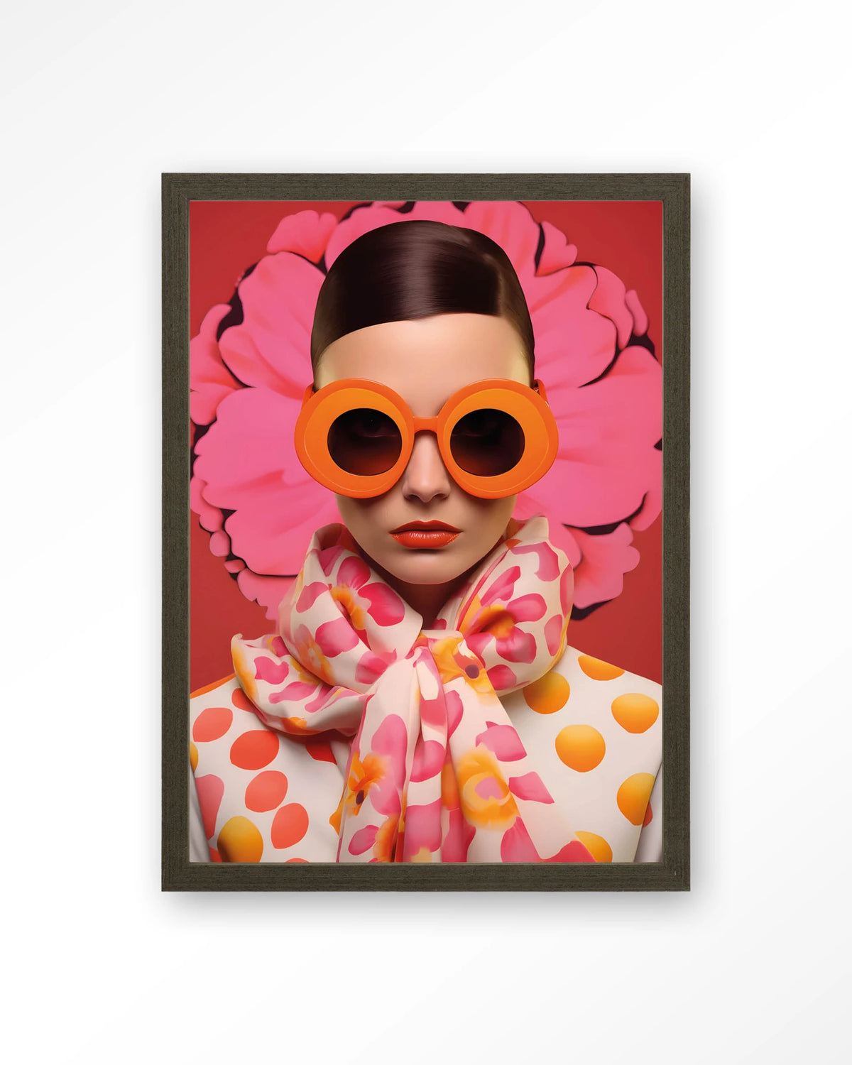Pink Flower – vrouw met roze bloem en zonnebril – Art print – Hout donkerbruin