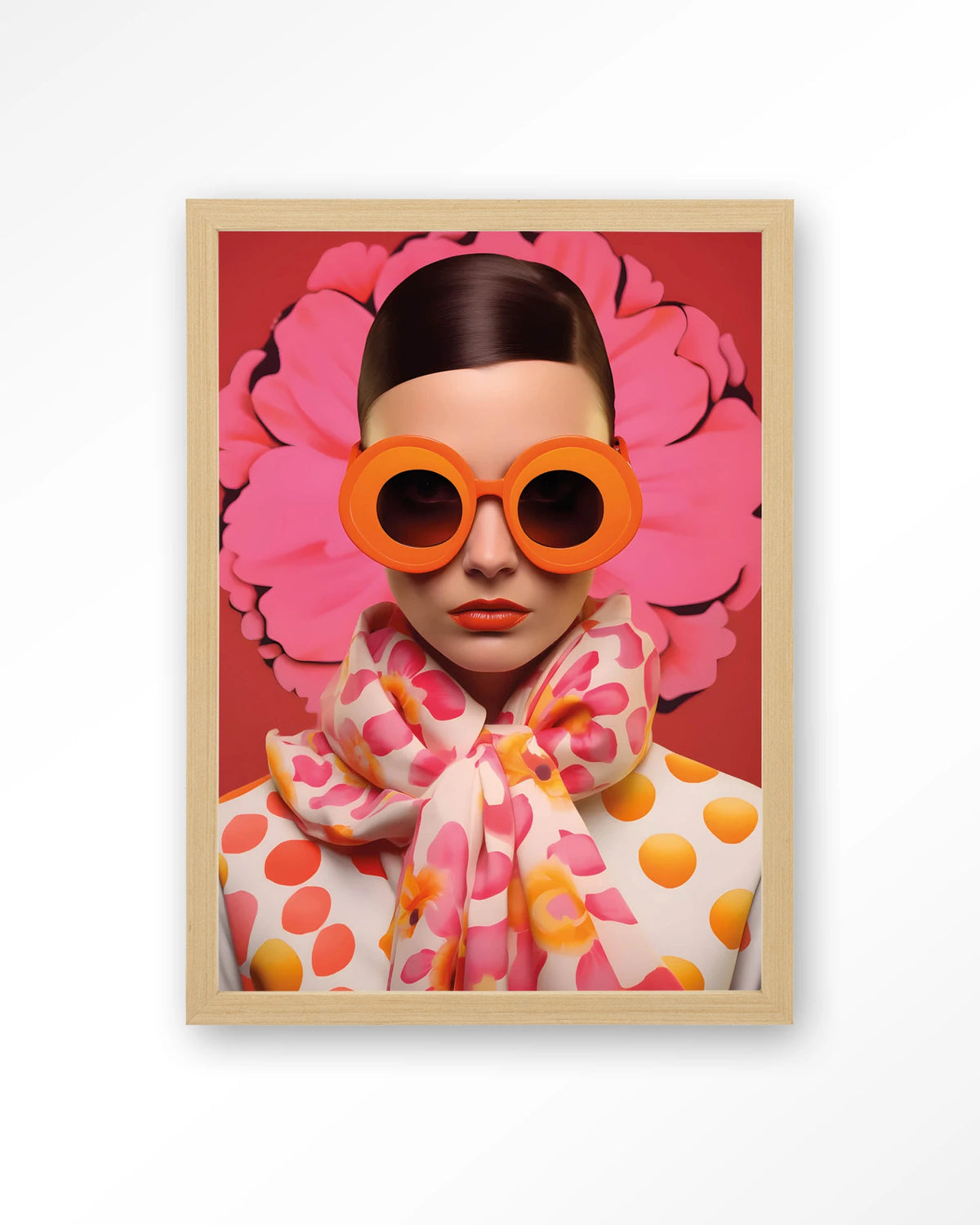 Pink Flower – vrouw met roze bloem en zonnebril – Art print – Hout naturel