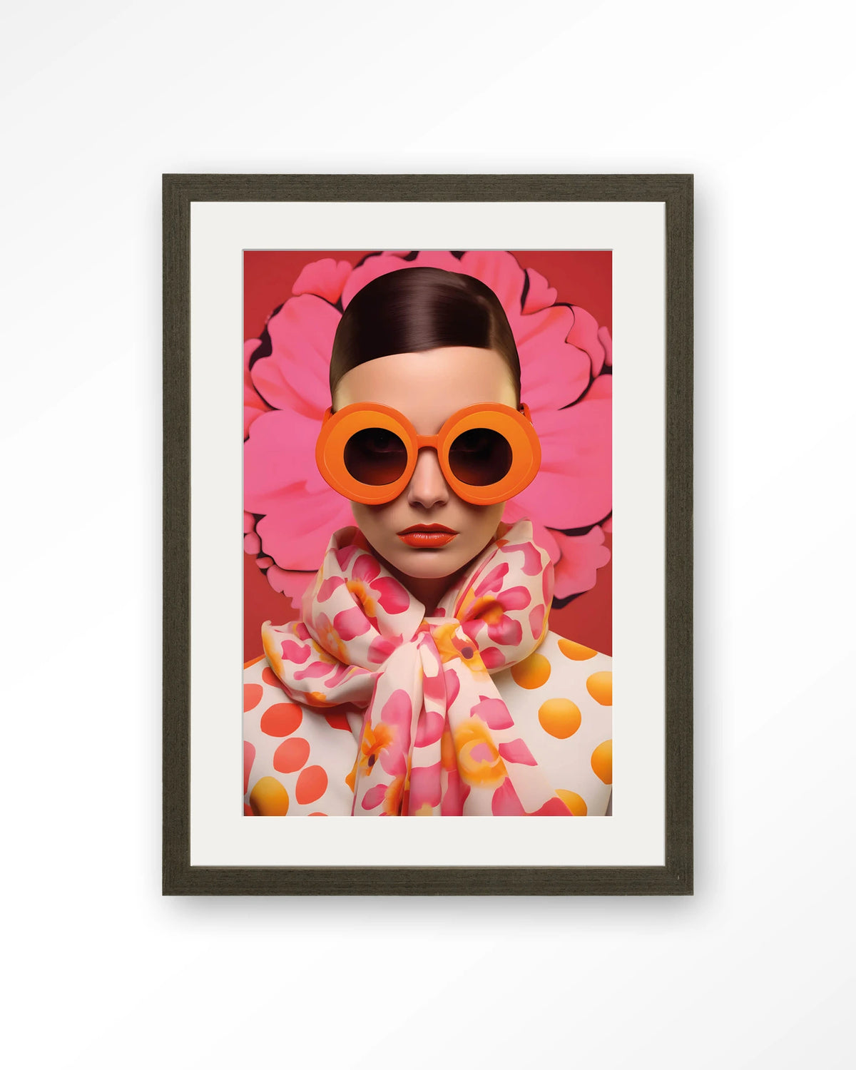 Pink Flower – vrouw met roze bloem en zonnebril – Art print – Hout donkerbruin + passe-partout