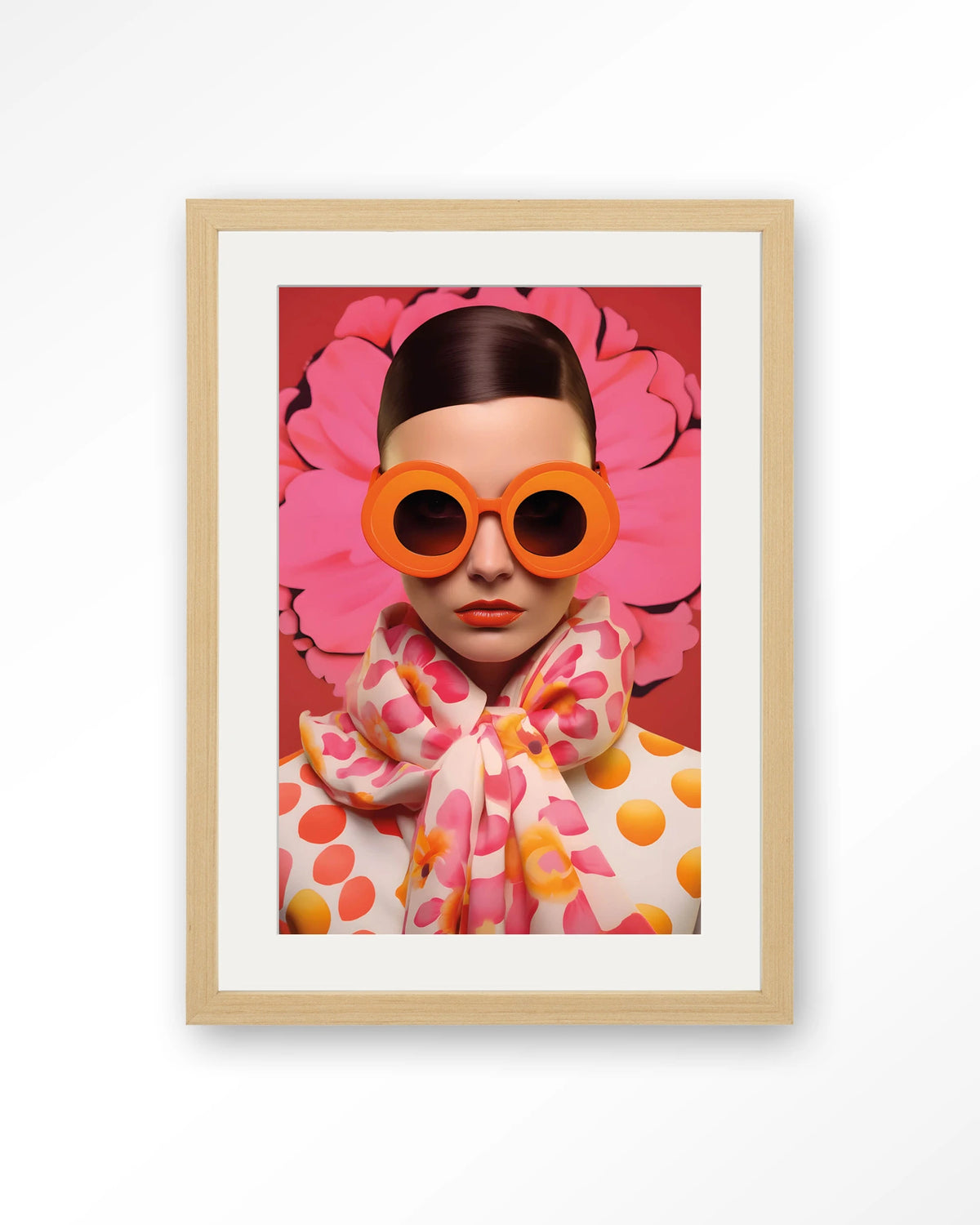 Pink Flower – vrouw met roze bloem en zonnebril – Art print – Hout naturel + passe-partout