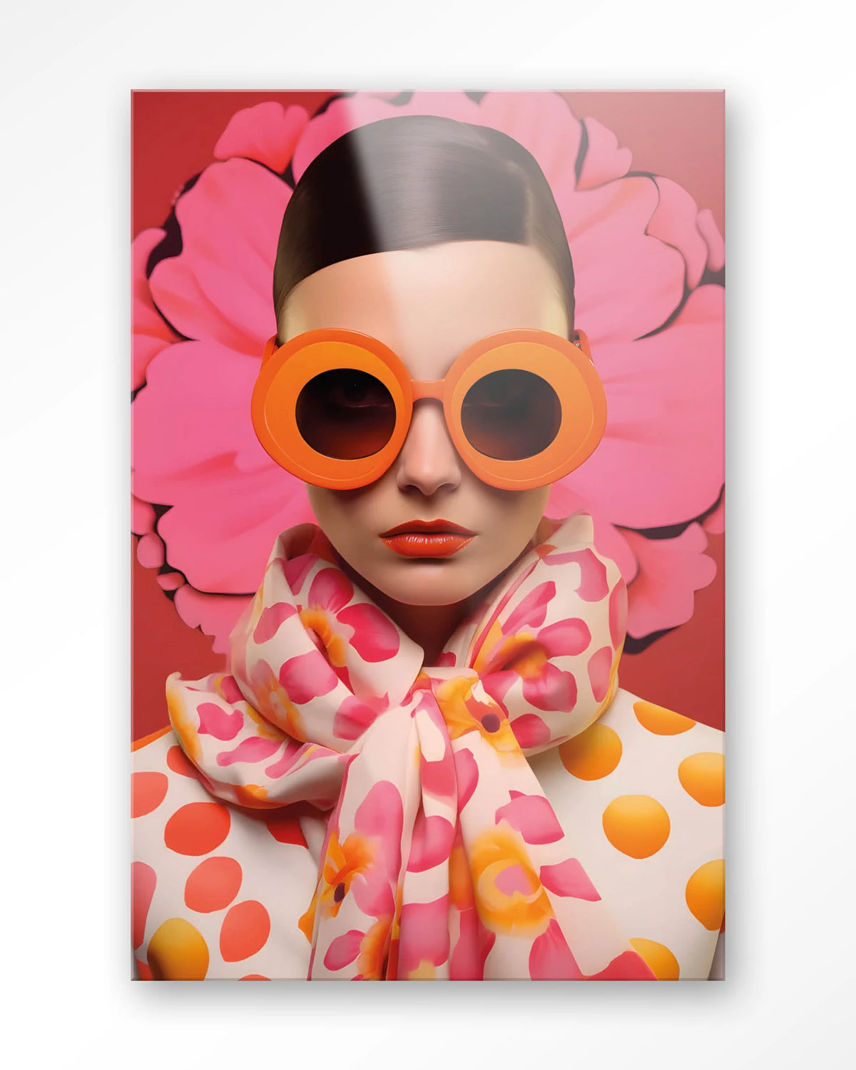 Pink Flower – vrouw met roze bloem en zonnebril – Glas – Blinde montage