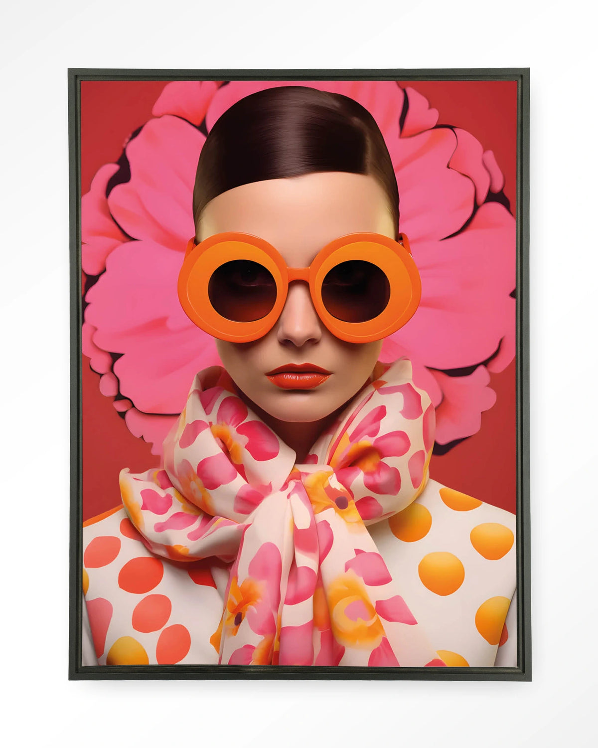 Pink Flower – vrouw met roze bloem en zonnebril – Wandkleed – Floating frame – zwart