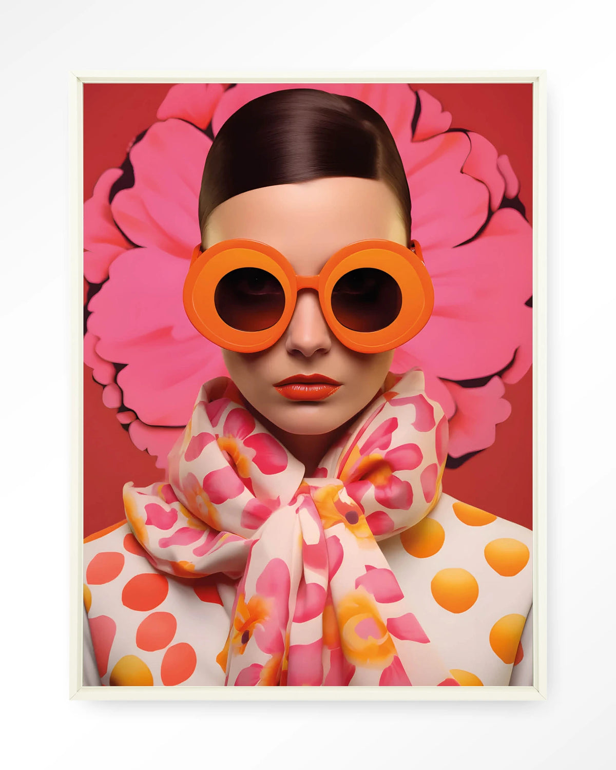 Pink Flower – vrouw met roze bloem en zonnebril – Wandkleed – Floating frame – wit