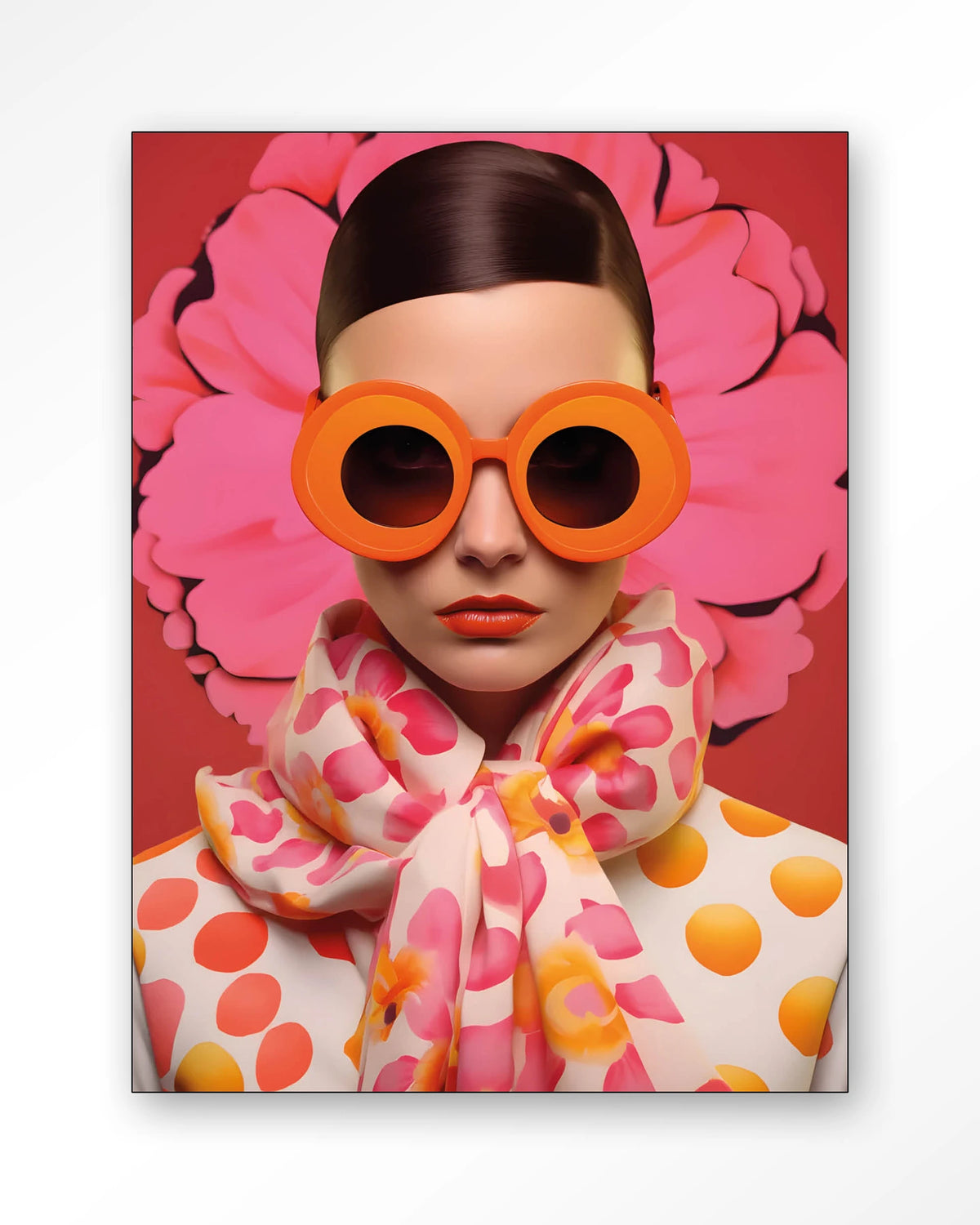 Pink Flower – vrouw met roze bloem en zonnebril – Wandkleed – Frame – zwart