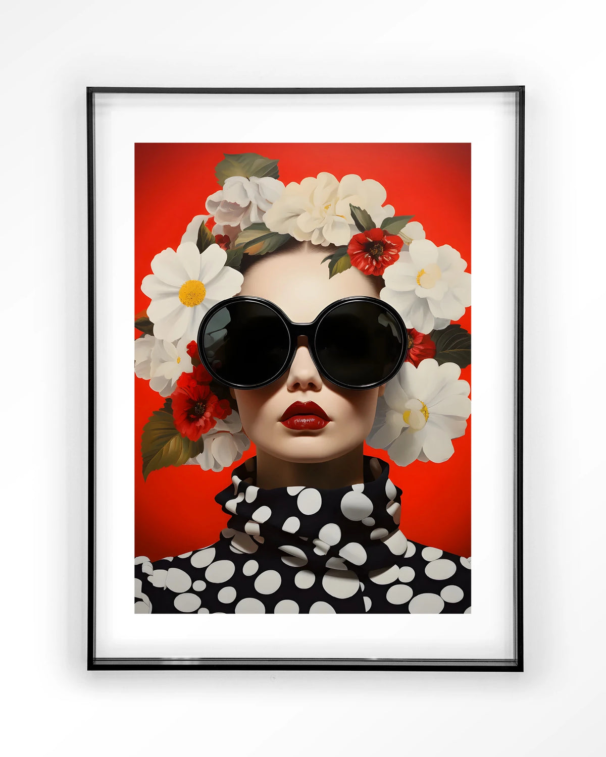Red Flower – vrouw met bloemen en zonnebril op rood – Art print – Acryl zwart