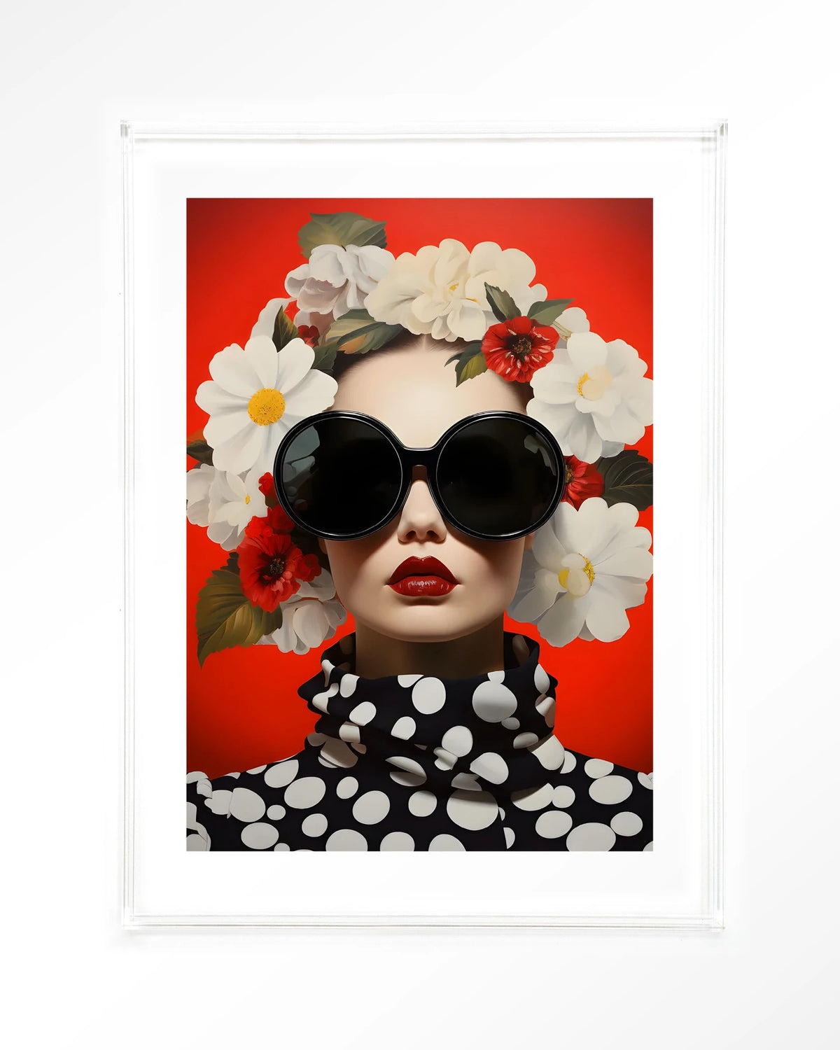 Red Flower – vrouw met bloemen en zonnebril op rood – Art print – Acryl doorzichtig