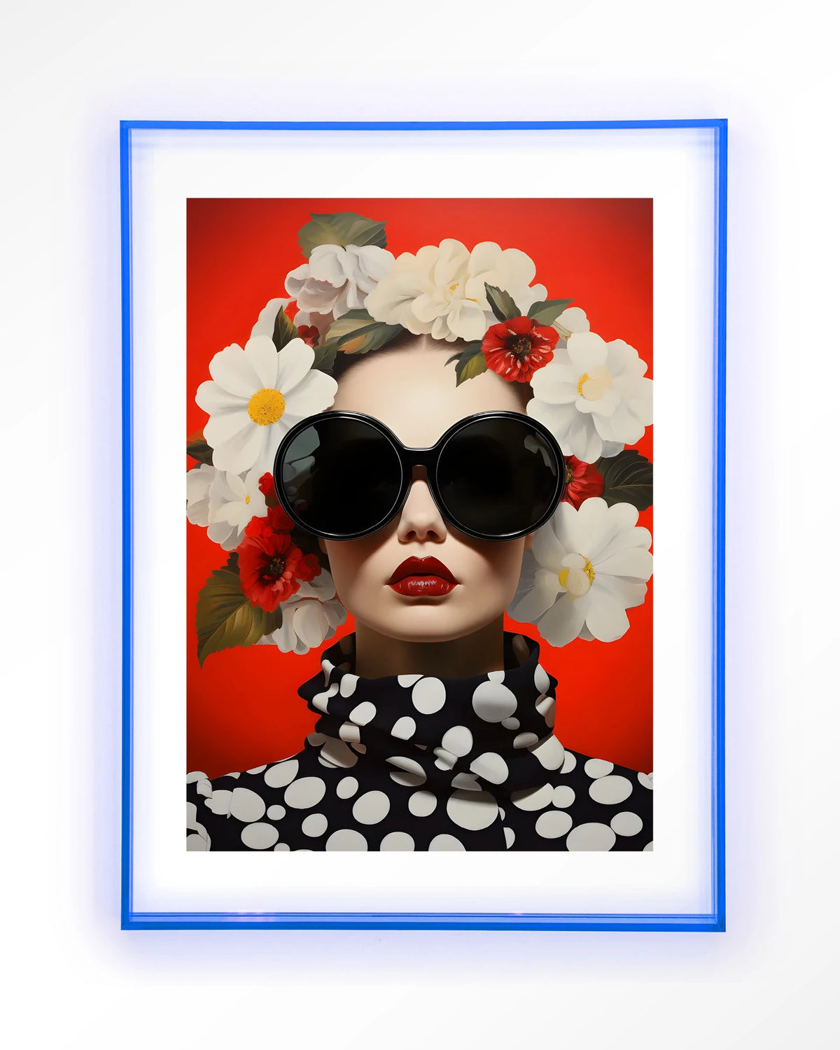 Red Flower – vrouw met bloemen en zonnebril op rood – Art print – Acryl lichtblauw