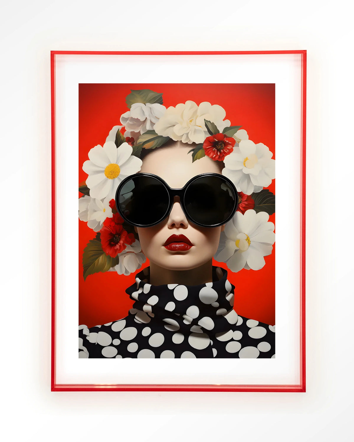 Red Flower – vrouw met bloemen en zonnebril op rood – Art print – Acryl roze