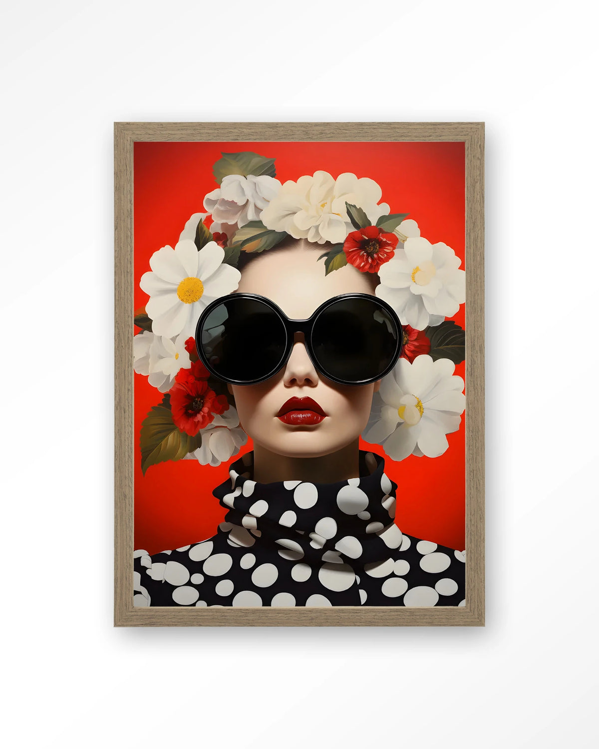 Red Flower – vrouw met bloemen en zonnebril op rood – Art print – Hout bruin