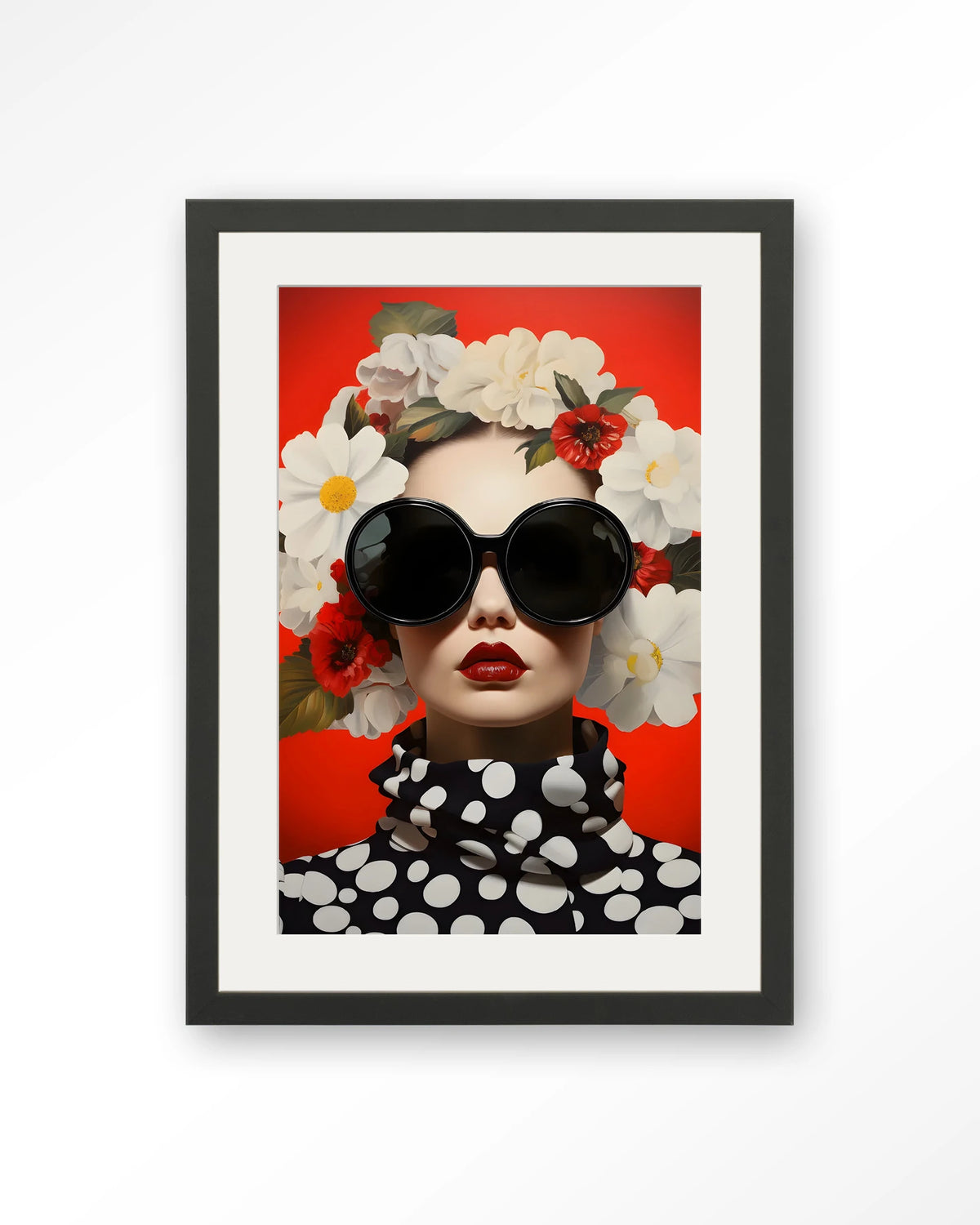 Red Flower – vrouw met bloemen en zonnebril op rood – Art print – Hout zwart + passe-partout
