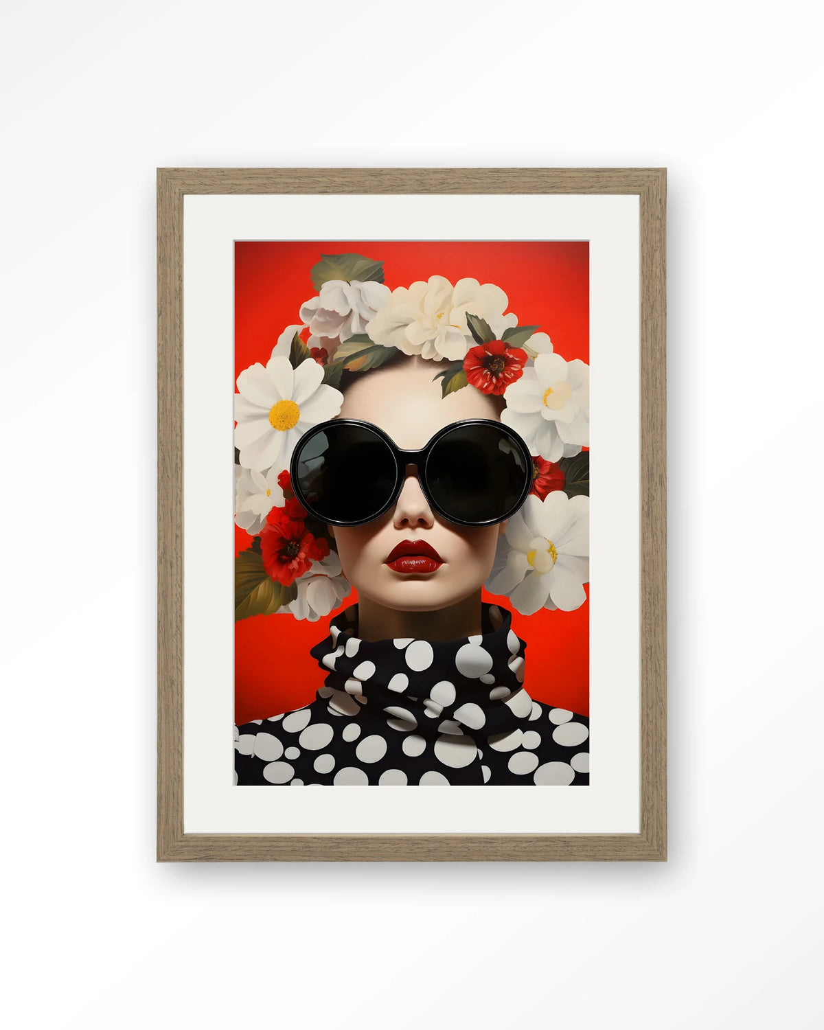Red Flower – vrouw met bloemen en zonnebril op rood – Art print – Hout bruin + passe-partout