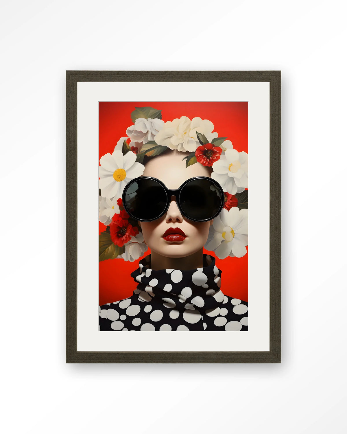 Red Flower – vrouw met bloemen en zonnebril op rood – Art print – Hout donkerbruin + passe-partout