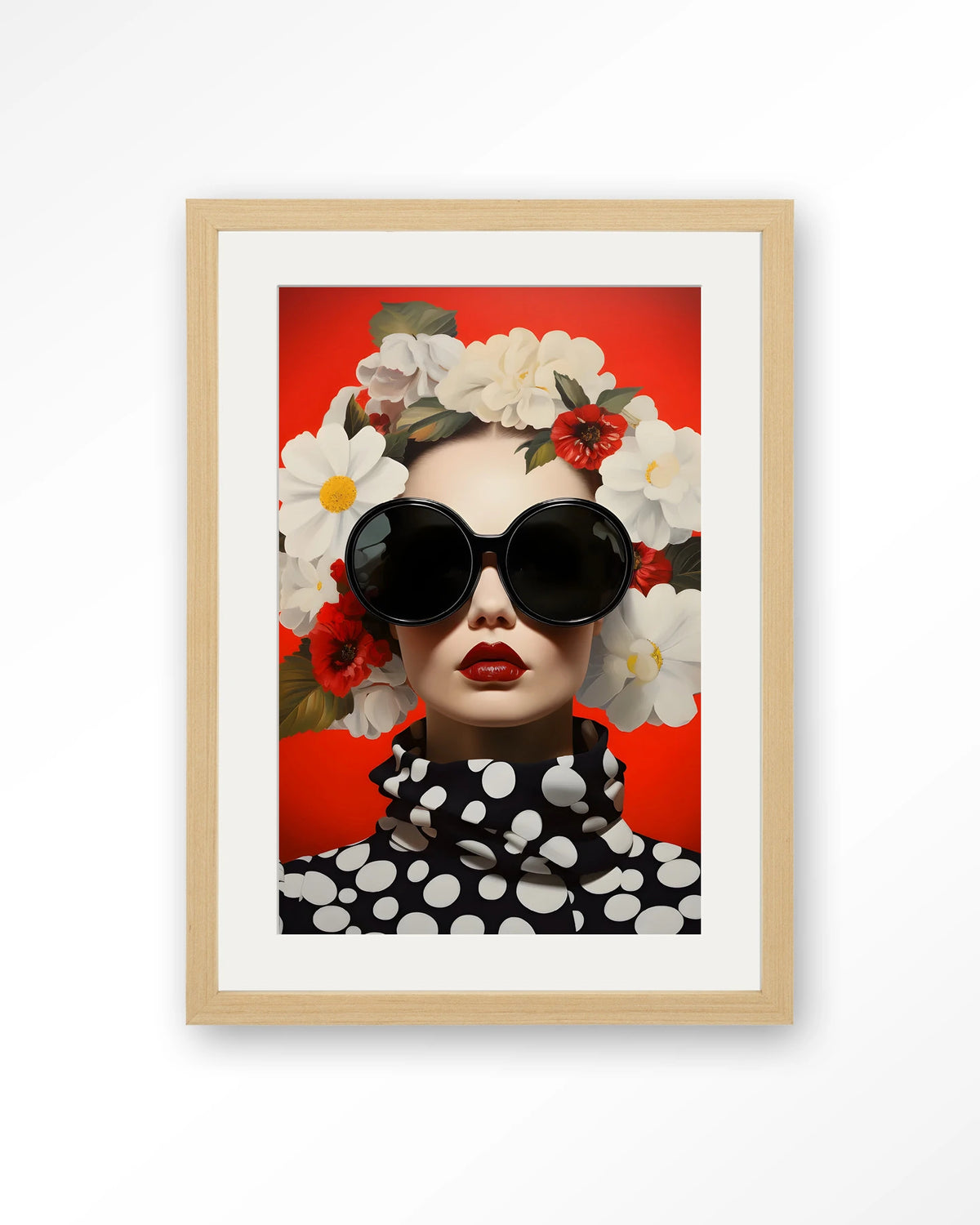 Red Flower – vrouw met bloemen en zonnebril op rood – Art print – Hout naturel + passe-partout