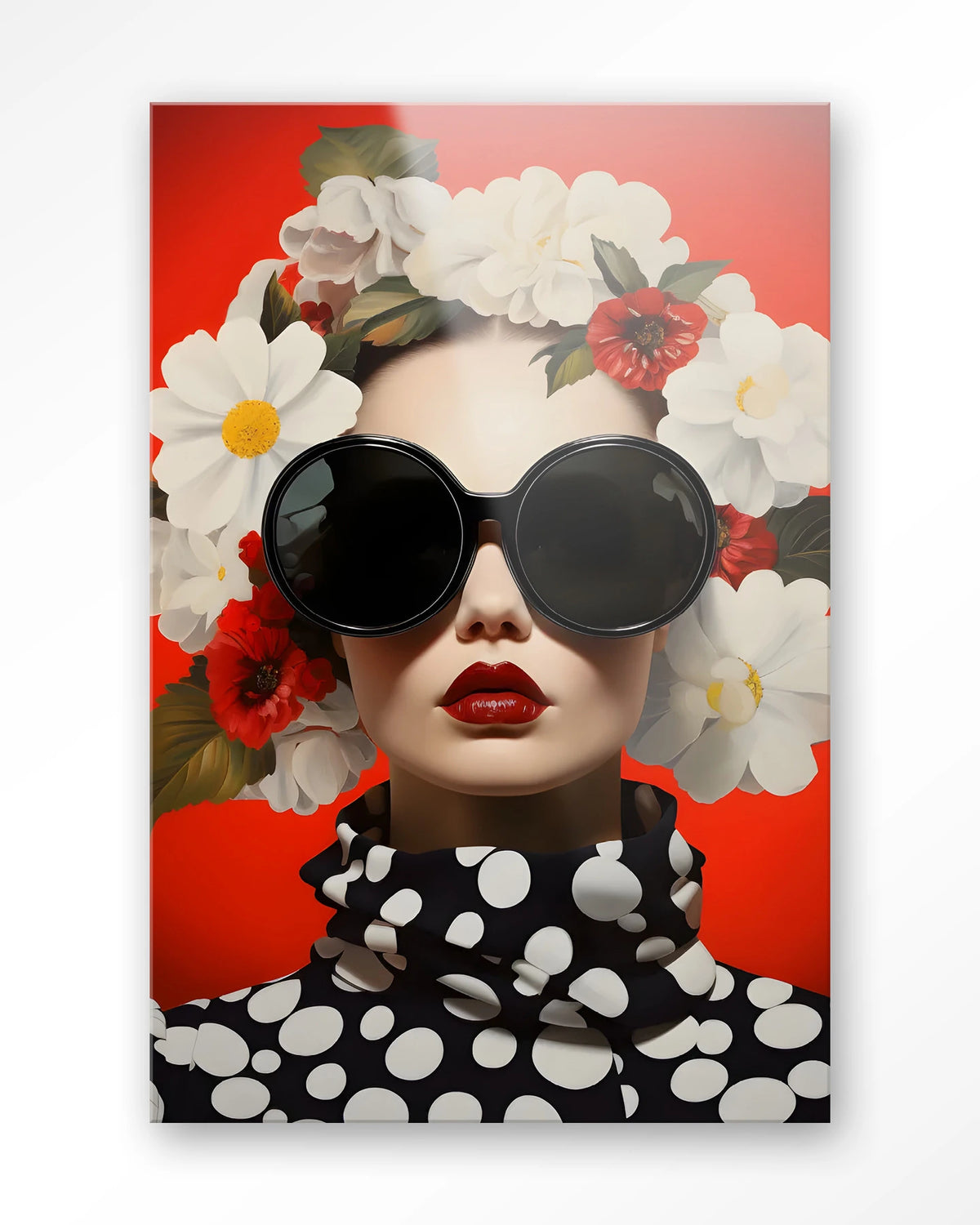 Red Flower – vrouw met bloemen en zonnebril op rood – Glas – Blinde montage