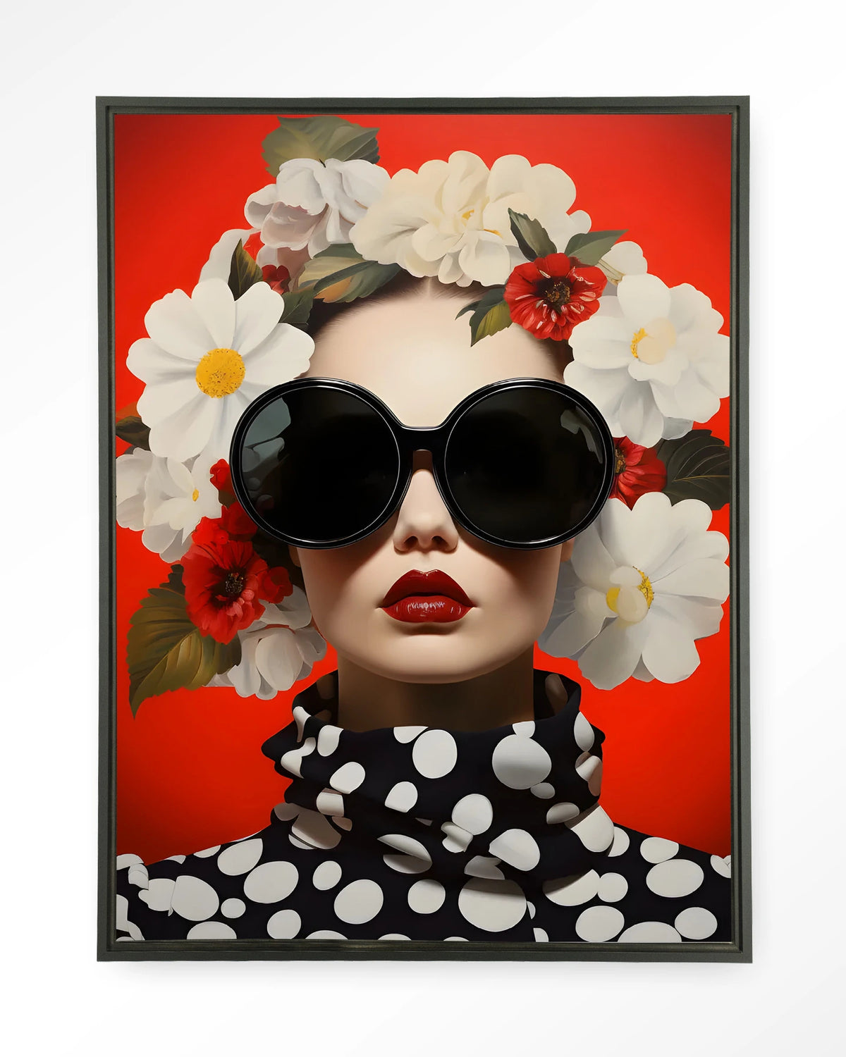 Red Flower – vrouw met bloemen en zonnebril op rood – Wandkleed – Floating frame – zwart
