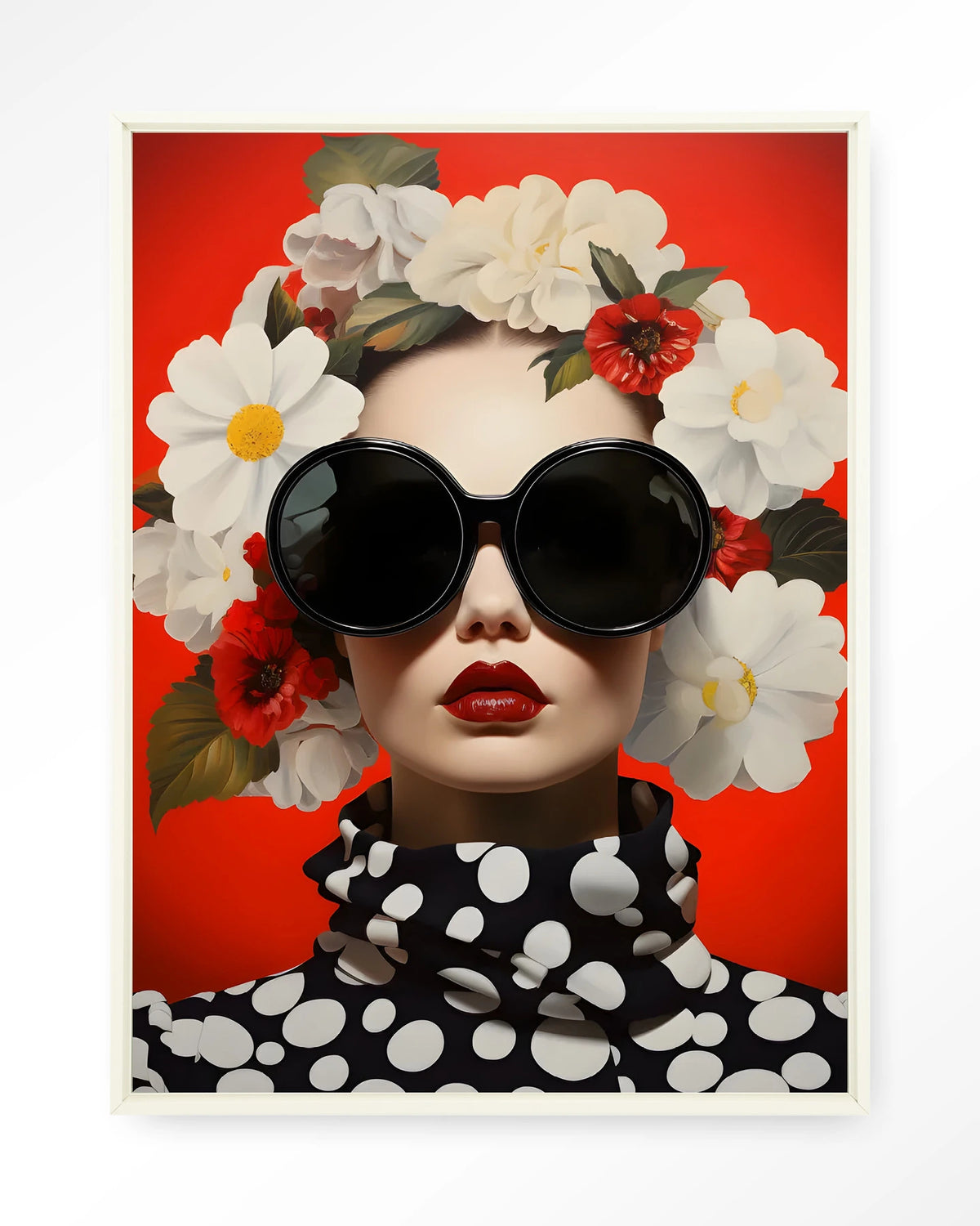 Red Flower – vrouw met bloemen en zonnebril op rood – Wandkleed – Floating frame – wit