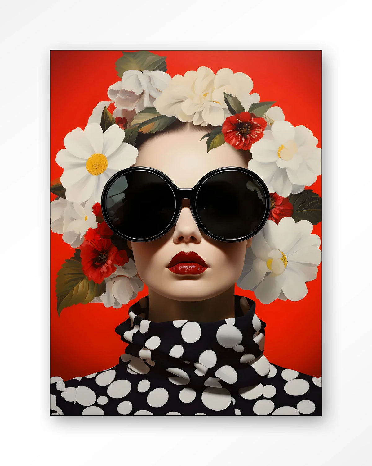 Red Flower – vrouw met bloemen en zonnebril op rood – Wandkleed – Frame – zwart