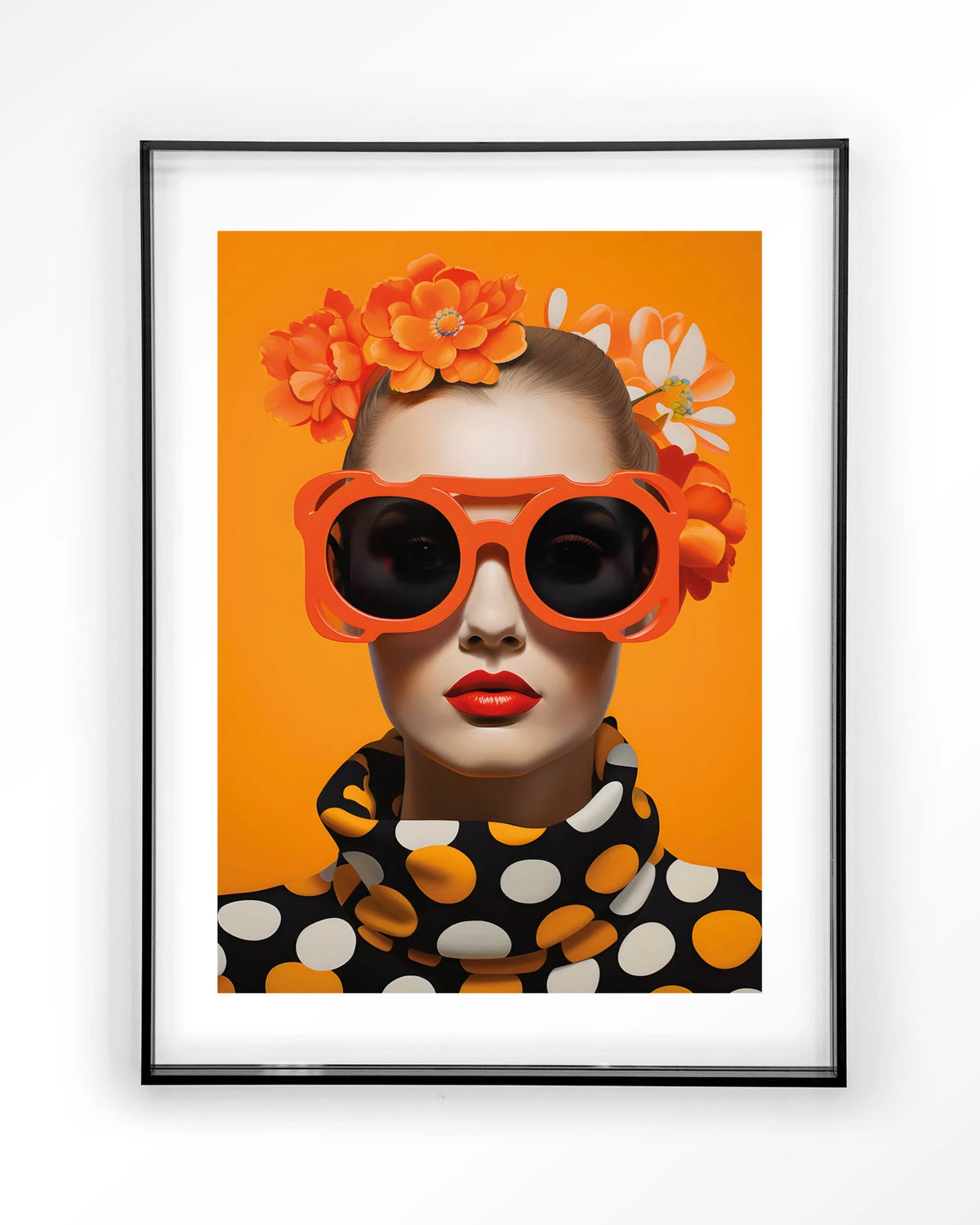 Orange Flower – vrouw met oranje zonnebril en bloemen – Art print – Acryl zwart